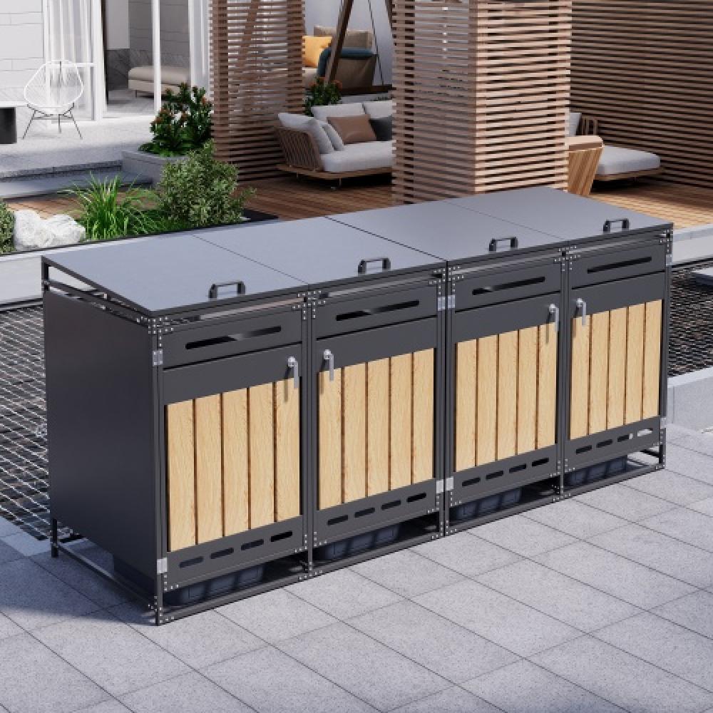 Set de 4 cubrecontenedores con jardinera, paneles madera vertical, ventilación, armario metálico con llave
