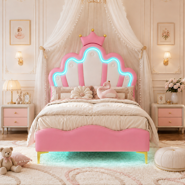 Cama princesa infantil 90x200 cm, tapizada capitoné en cuero sintético PU rosa, luz LED RGB, cabecero ajustable, para niña y adolescente