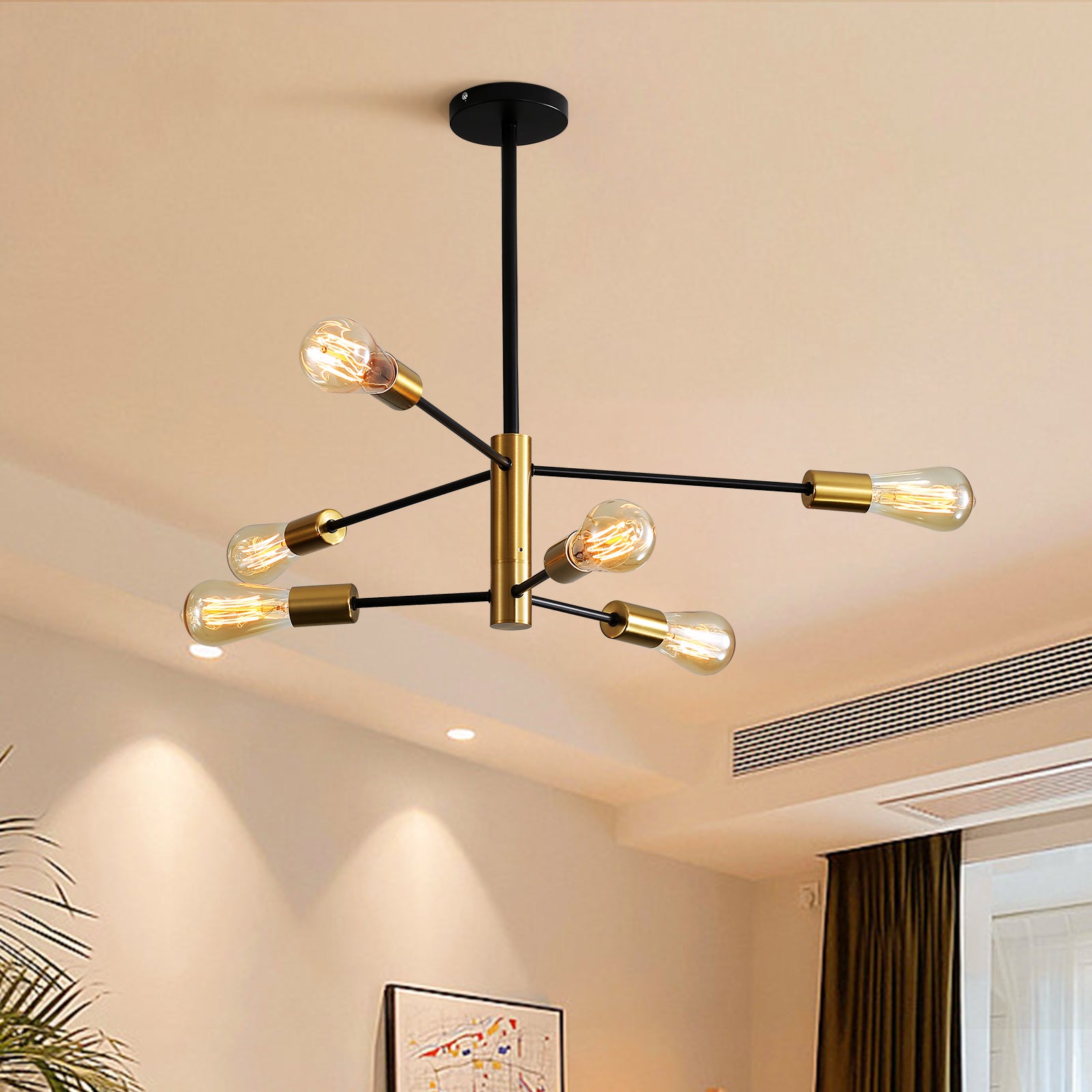 Lámpara de techo moderna,ángulo ajustable de 180°,6 luces,E27,lámpara de techo industrial vintage de metal negro,lámpara colgante retro para sala - 9