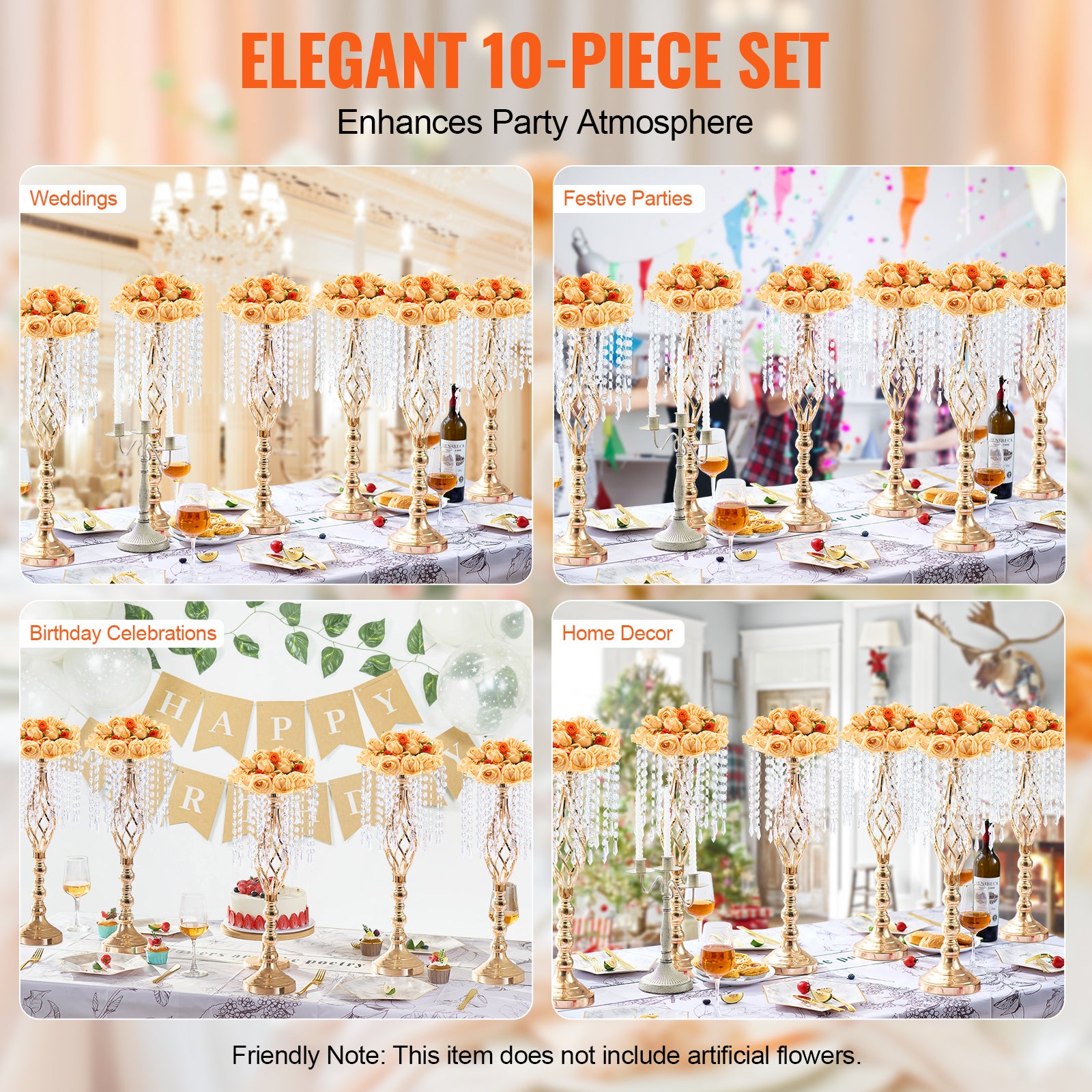 Lot de 10 supports fleurs mariage SucceBuy en cristal, hauteur 55 cm, vases en métal doré pour décoration florale - 8