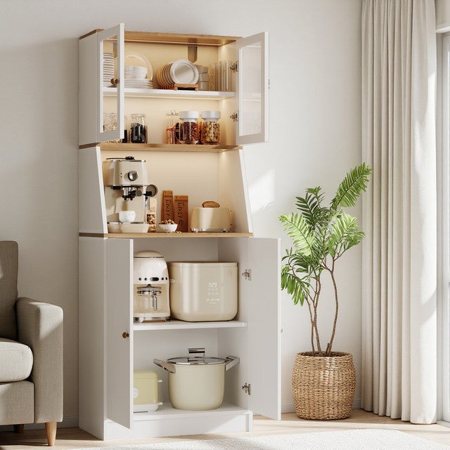 Armoire de Cuisine Colonne 180cm, Buffet avec Éclairage et Étagères Réglables, Plan de Travail et Portes en Verre Transparent, 70x40x180cm - 2