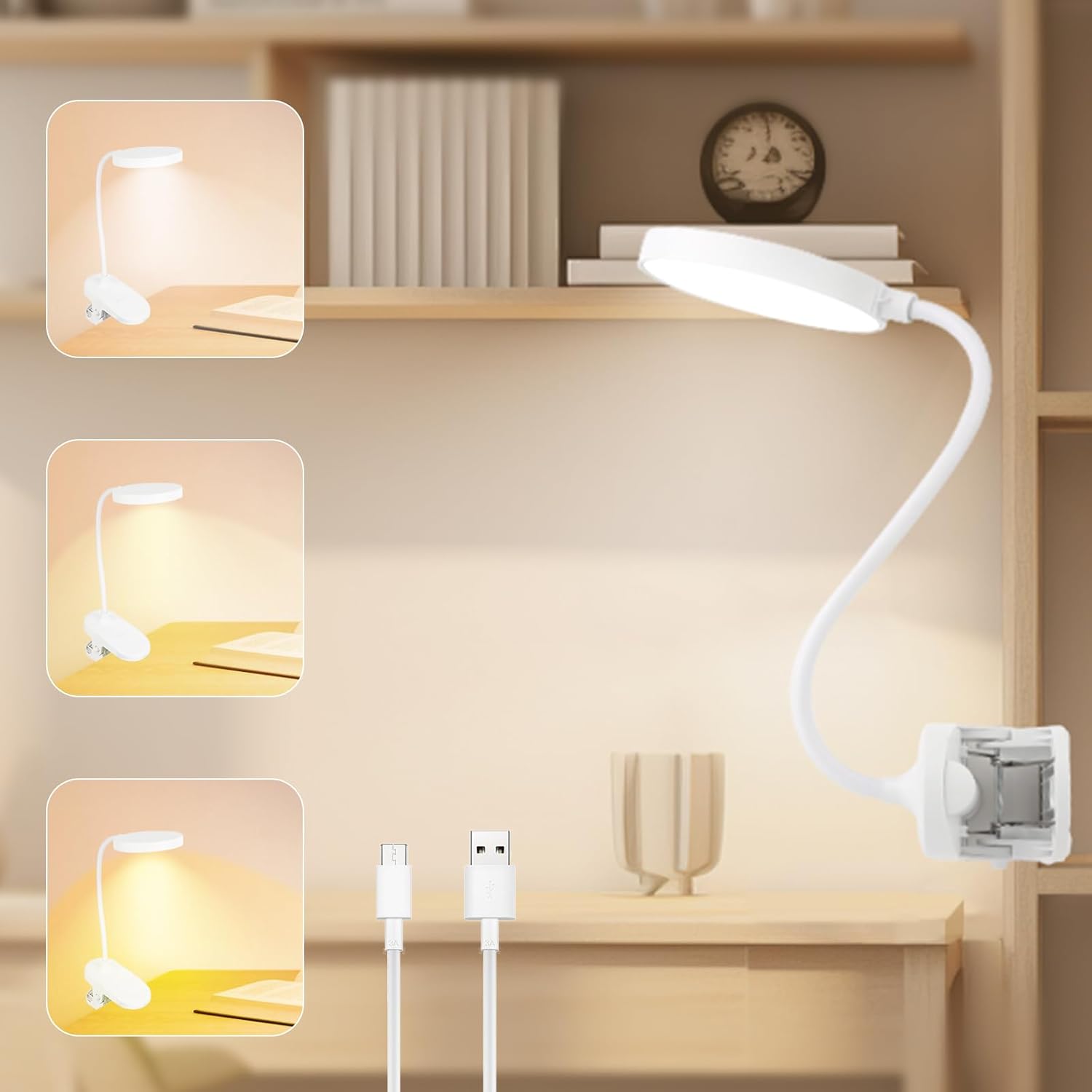 Lampka z Klipsem 20 LED Akumulatorowa, Elastyczna z 3 Trybami Ściemniania, Biurko Nocna Lampka do Czytania Łóżko