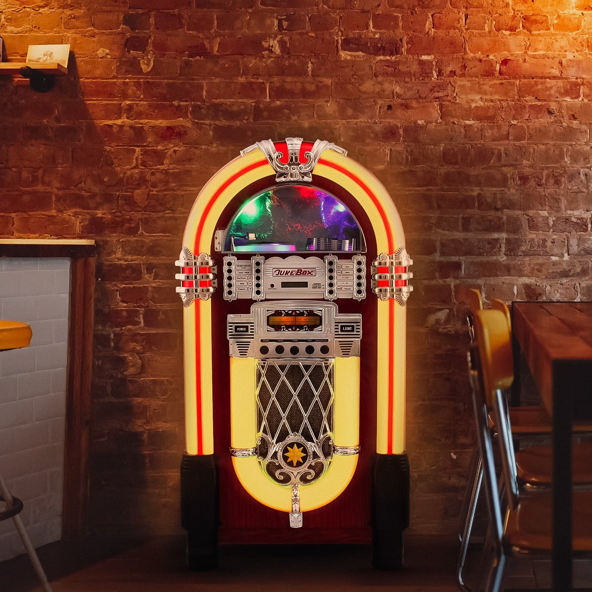 MonsterShop – Jukebox Style Rétro Années 50 à Eclairages LED Couleurs Changeantes avec Port USB, Bluetooth, AUX, Lecteur - 2