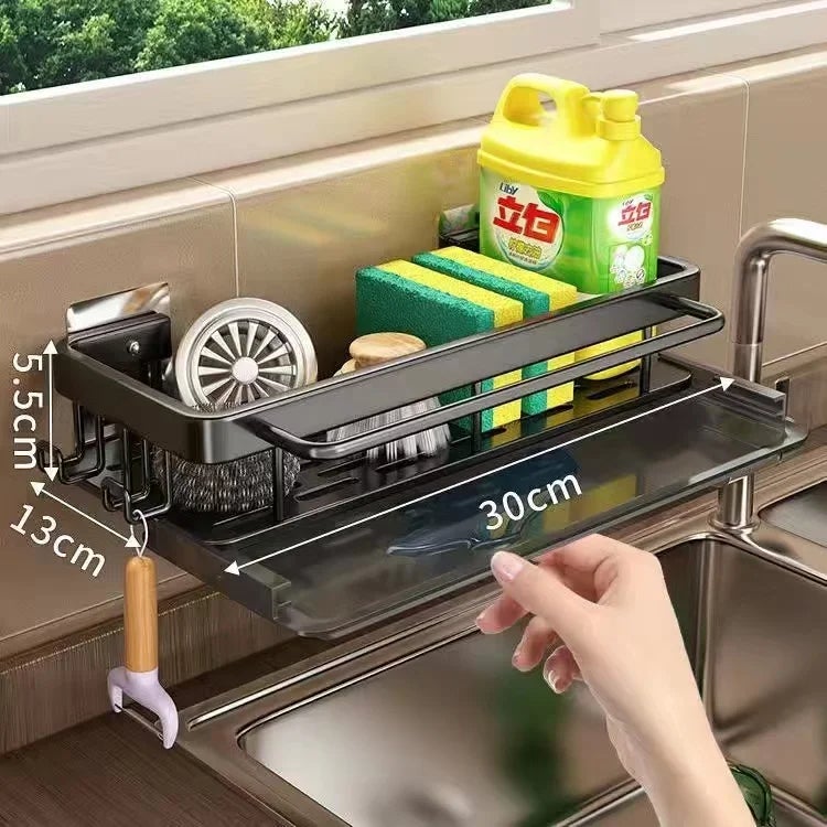 Organisateur Évier ZIOYA Noir – Porte-Éponge Avec Bac Égouttoir + 2 Crochets – Cuisine & Salle De Bain