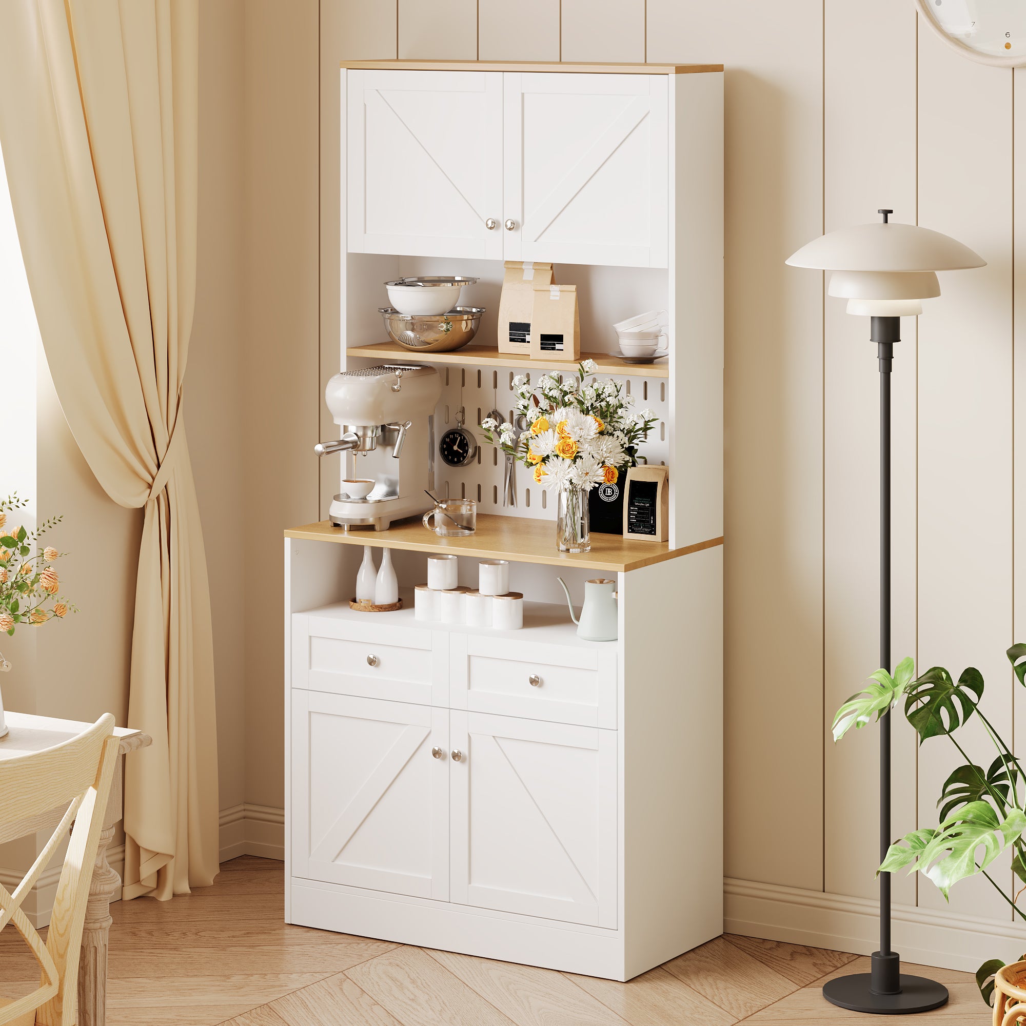 Nowoczesna komoda 80x40x175 cm - Z 2 szufladami i 4 drzwiami - Z perforowanym panelem - Płyta MDF + płyta wiórowa - Biały i naturalny - 9