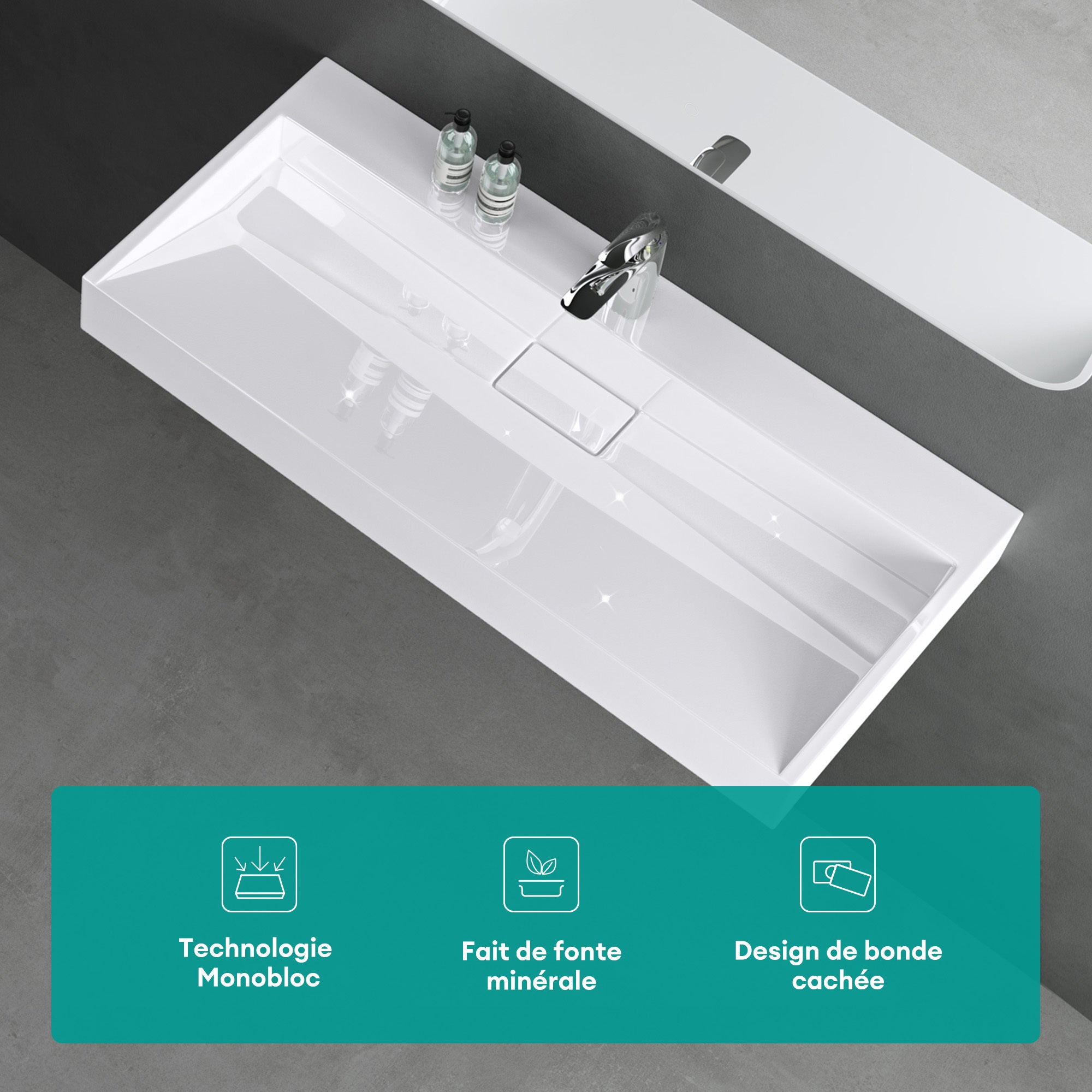 Mai & Mai Lavabo Suspendu Blanc 120x46x11cm Vasque à Poser Rectangulaire avec Perçage pour Robinet avec Bonde et Cache Bonde Col19 - 2