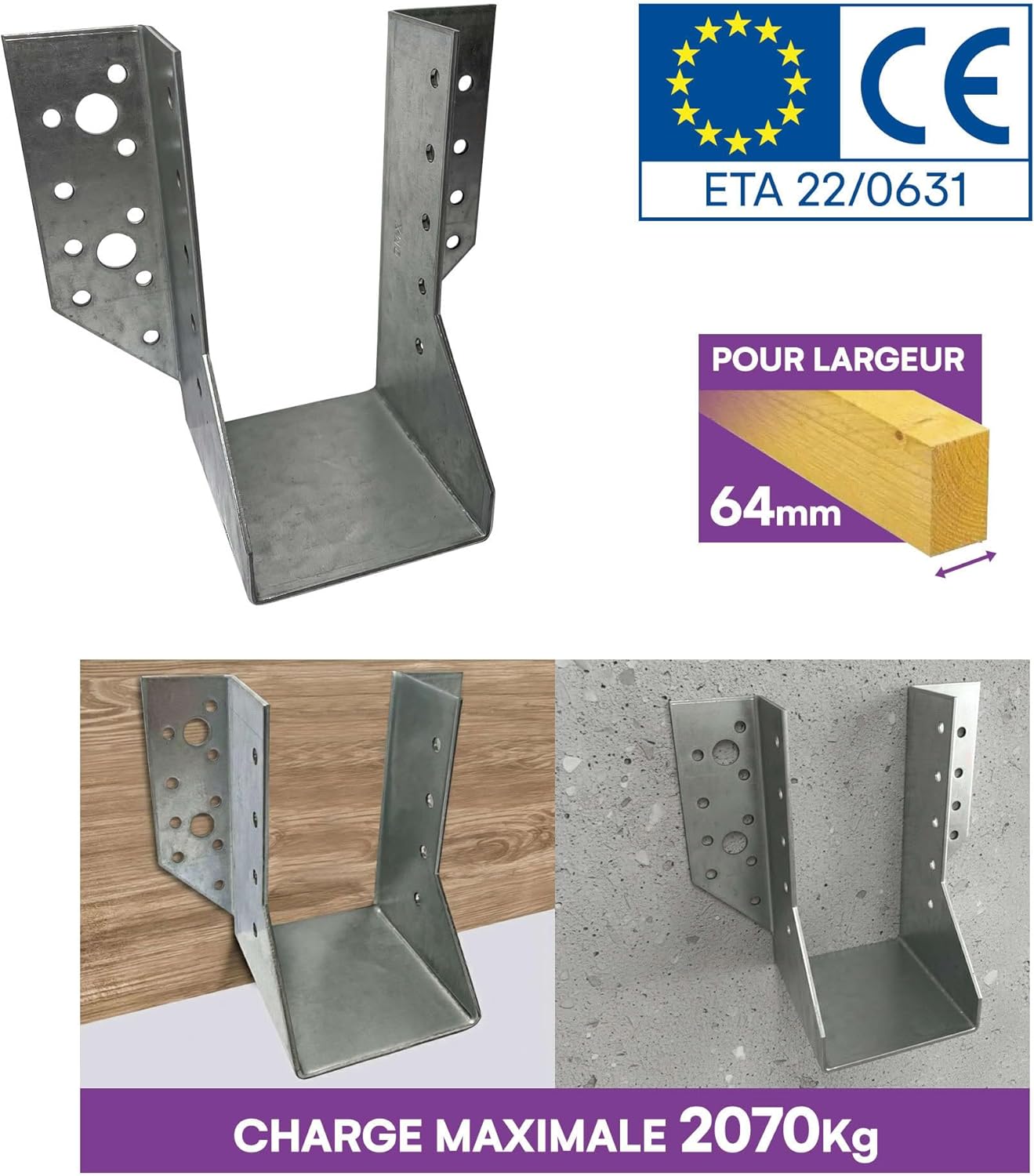 10 sabots de charpente à ailes extérieures - Connecteurs de poutres - Acier galvanisé - Larg 64 x Ht 130 mm - Fabriqué en Europe - 3