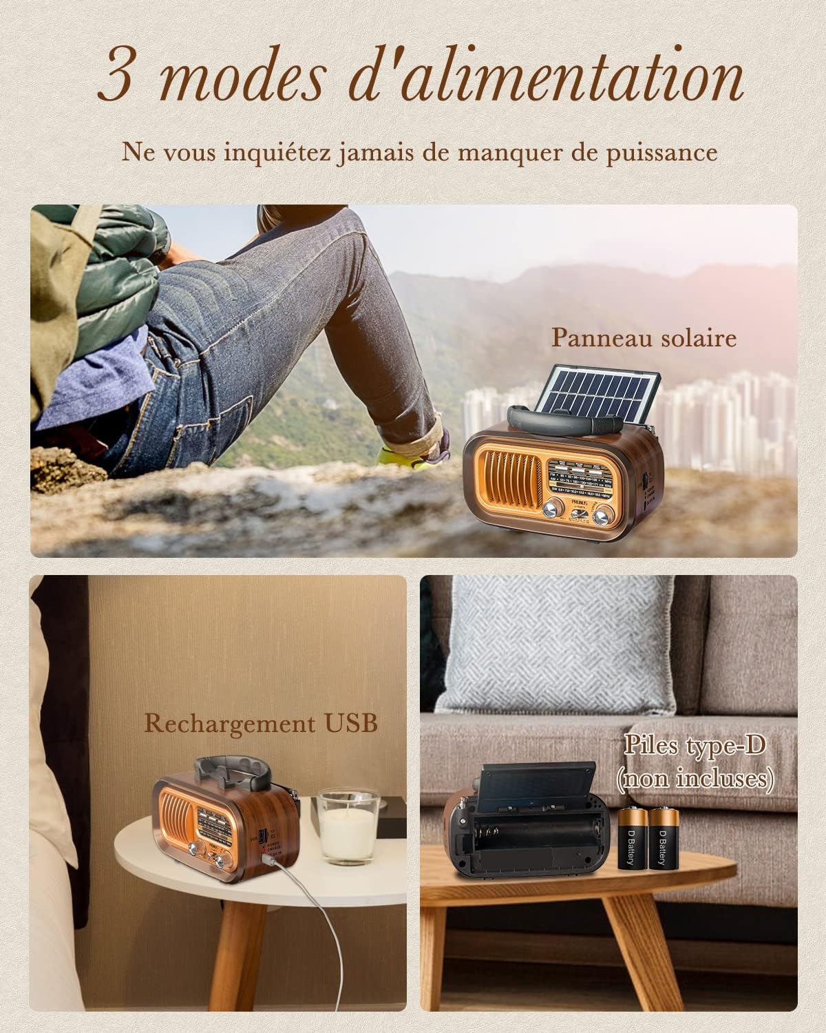 Radio vintage, przenośne radio z akumulatorem 1200 mAh i bateriami typu D, radio tranzystorowe Bluetooth z panelem słonecznym, USB/TF - 2