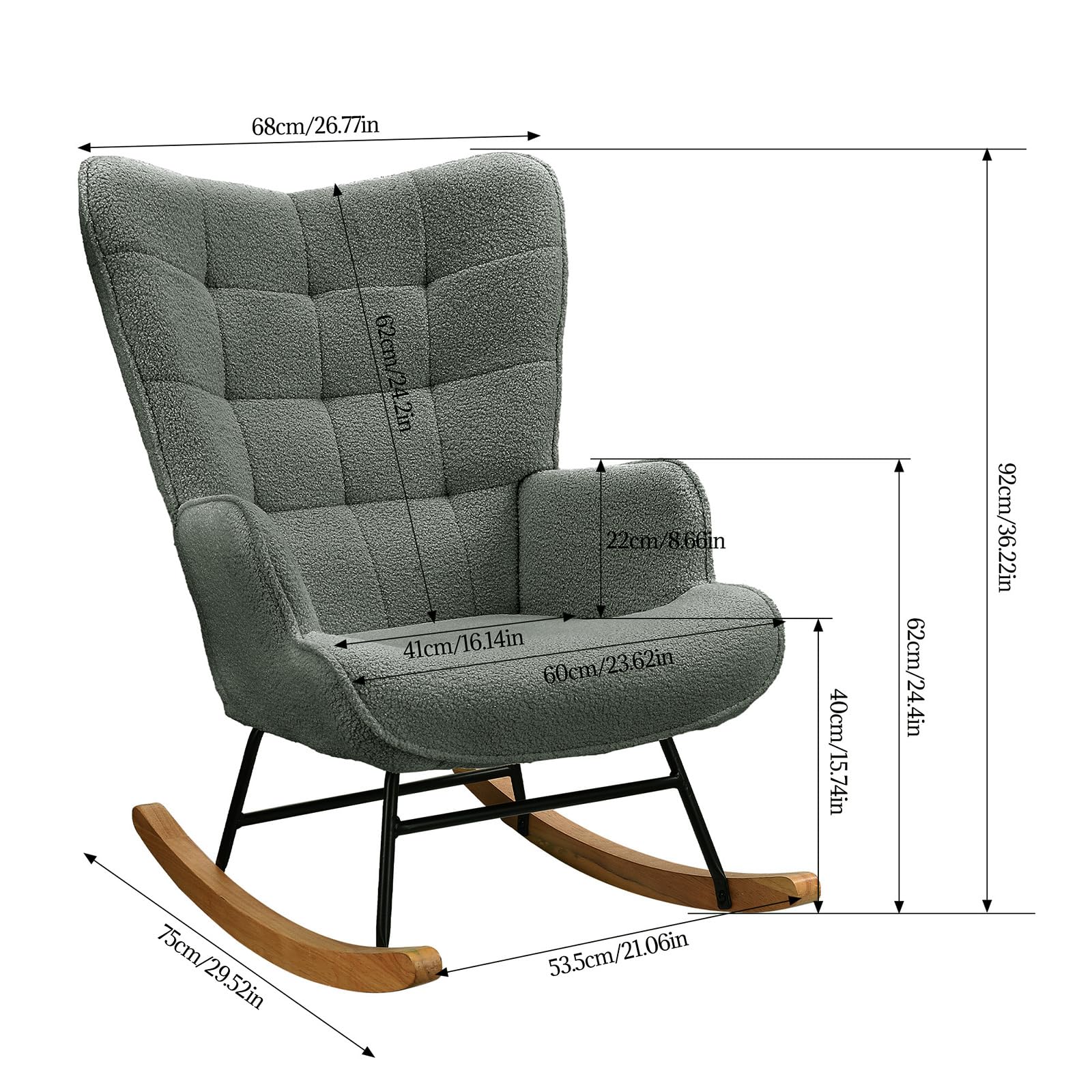Fauteuil à bascule, d'allaitement, de salon, à bascule, avec structure en métal et base en bois, charge maximale:150 kg, tissu en peluche, Gris foncé - 3