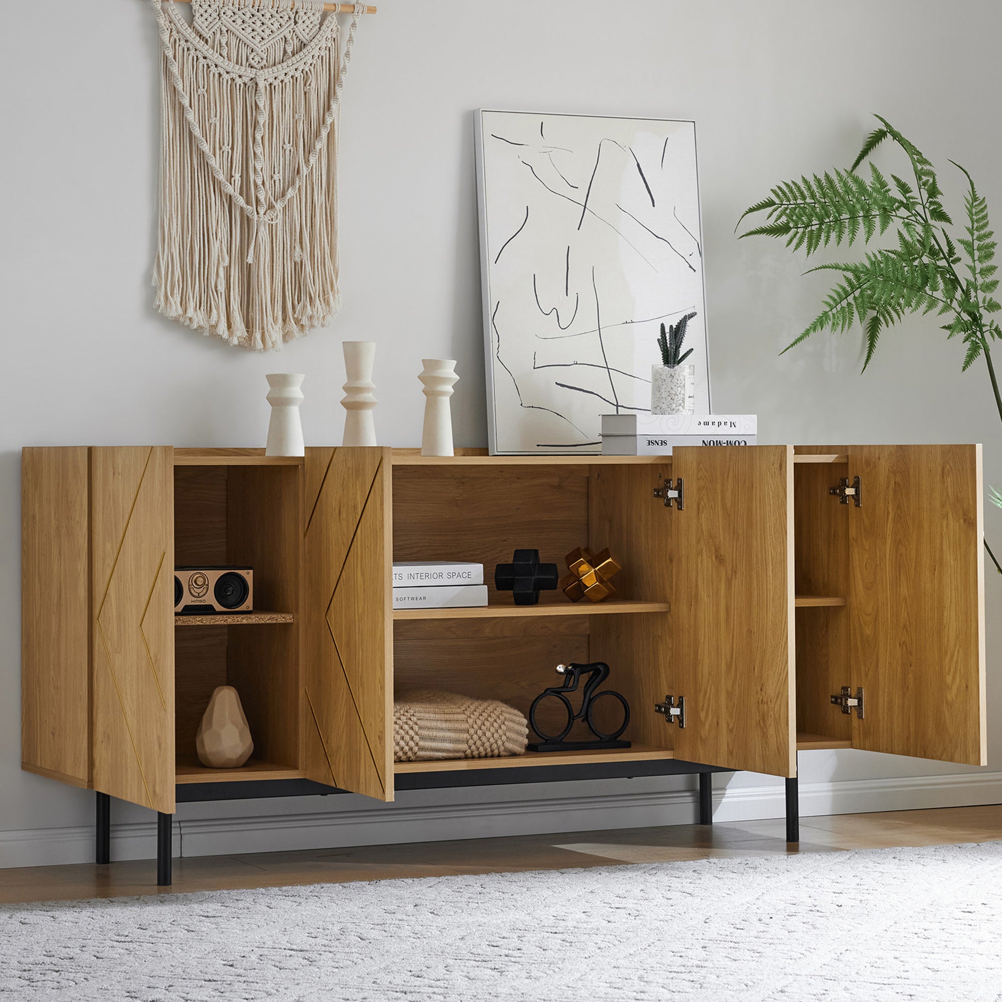 Stilvora  Aparador Con 4 Puertas/Estantes Regulables, 160 X 40 X 78 Cm, Tablero De Partículas, Natural , Leroy Merlin