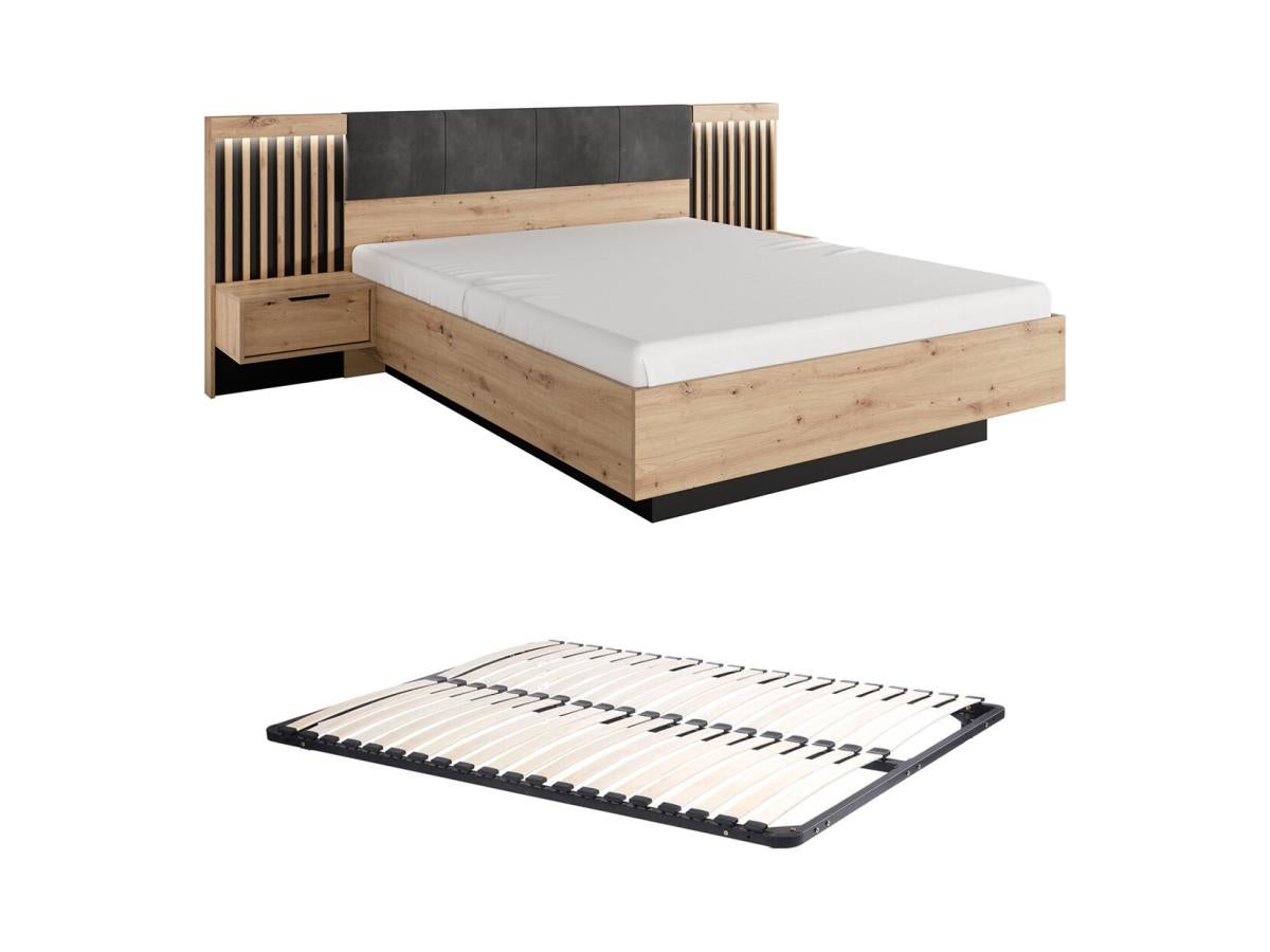 Łóżko z szafkami nocnymi 160 x 200 cm - Z oświetleniem LED - Naturalny i czarny + Stelaż - ARIADA