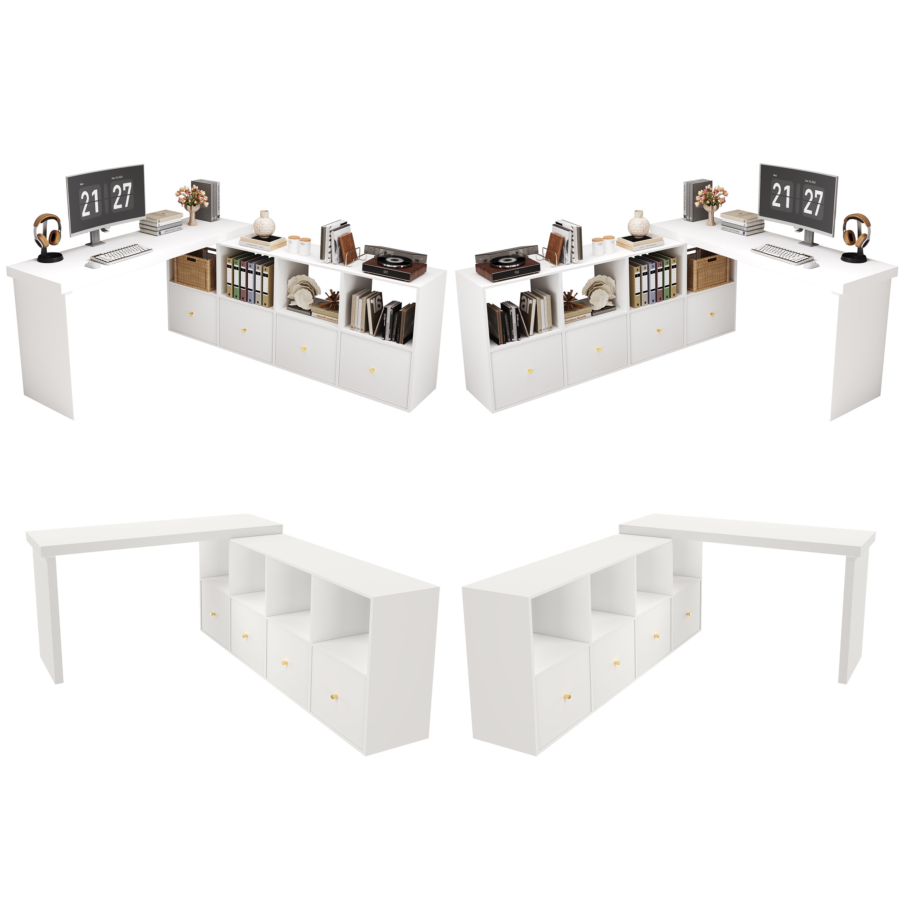 Bureau d'Angle Pivotant 360° Modulable L ou Droit, Table 120cm avec 4 Tiroirs & 4 Niches, Structure Renforcée 4cm, Flexible & Design - Blanc - 6