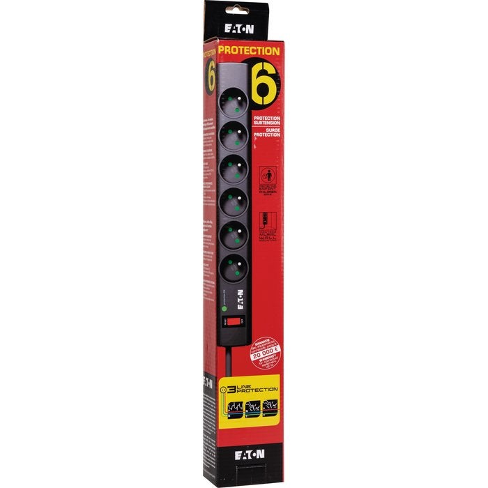 Bloc multiprise avec interrupteur parasurtenseur Eaton - 6 prises 2 P + T - 16 A - 4