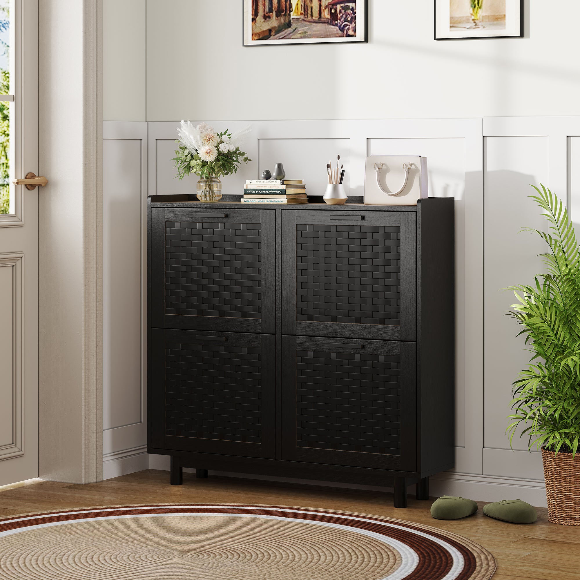 Meuble à Chaussures, Armoire à Chaussures Entree avec 4 Porte en Rotin, Meuble de Rangement à Chaussures Armoire pour Entrée, Couloir et Chambre, Nior - 3