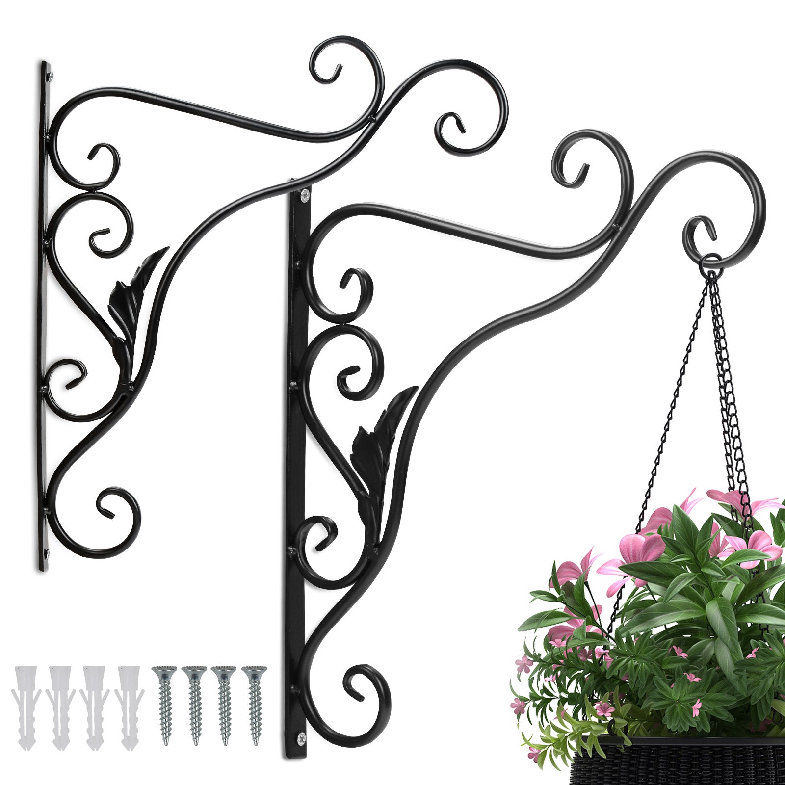 Ganci Da Parete In Ferro Per Piante Sospese - Set 2 Pezzi Nero Per Vasi E Lanterne