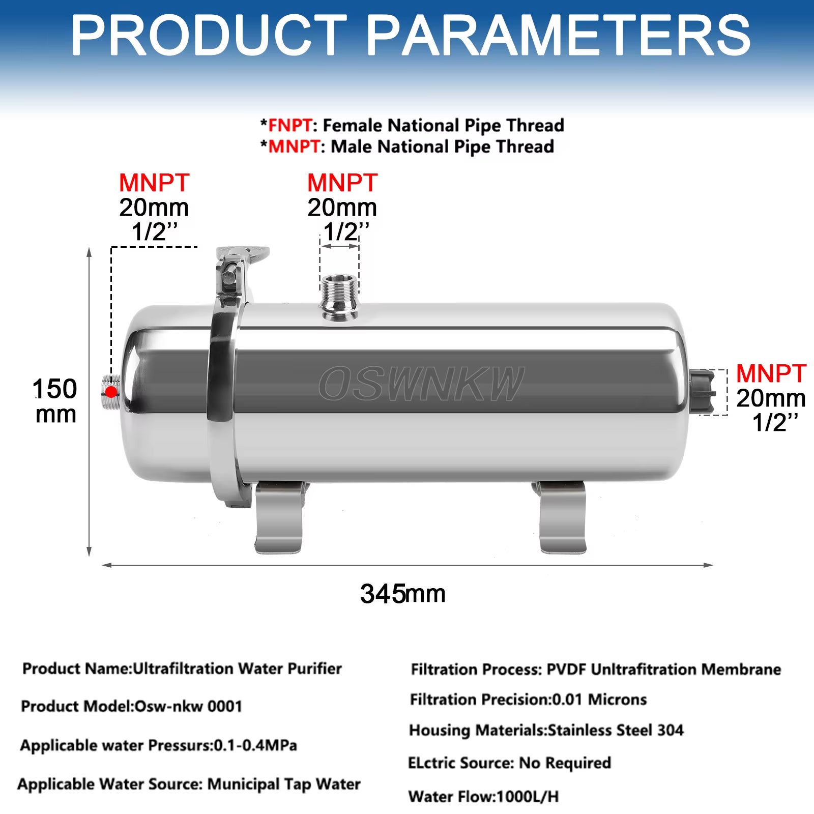 Purificador de água para toda a casa, pré-filtro de PVDF de 0,01 mícron, cartucho de filtro de aço inoxidável SUS304 de 1000 L, MOORLE - 2