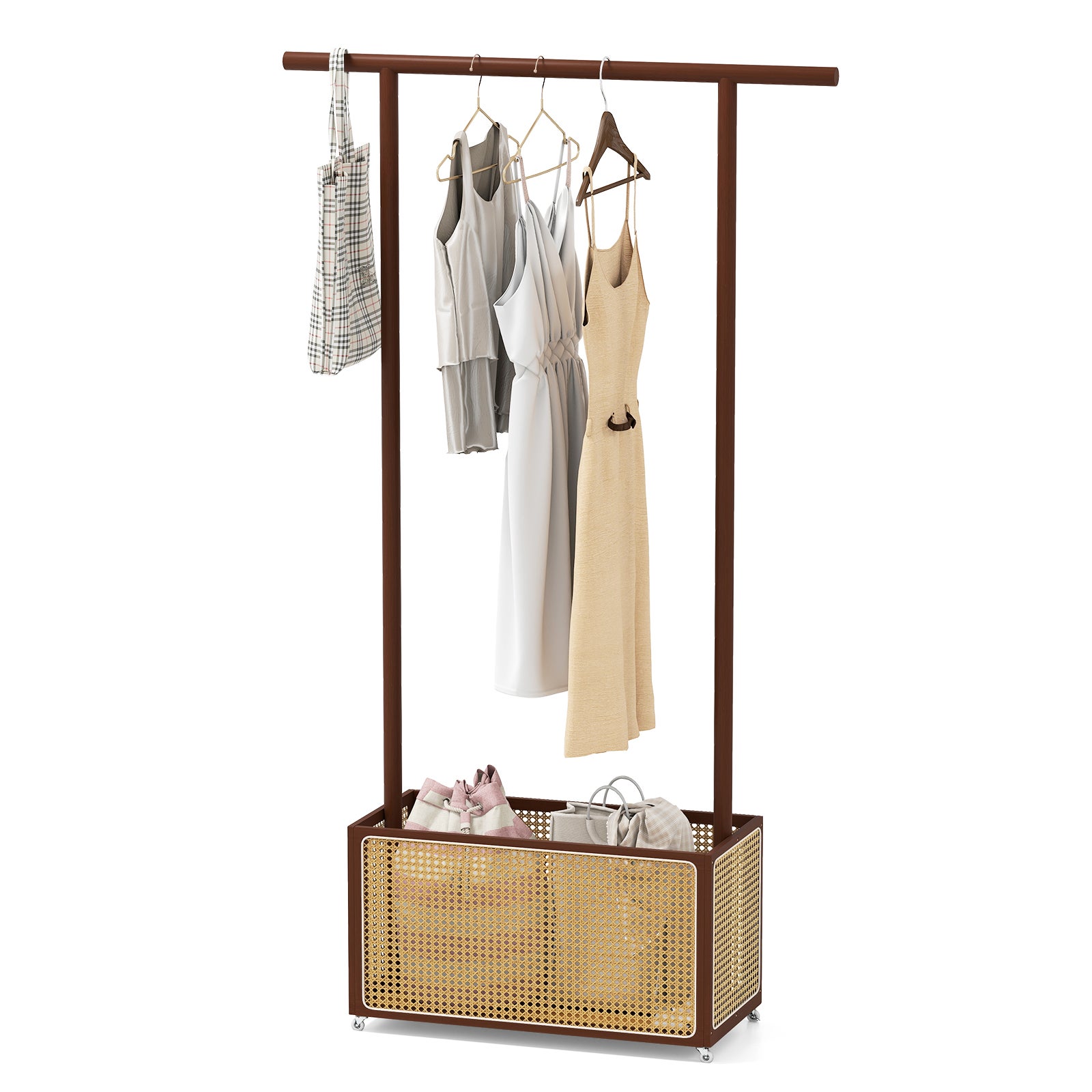 Porte-manteau Roulant Avec Panier - Métal Doré, 4 Roulettes, Idéal Rangement Vêtements