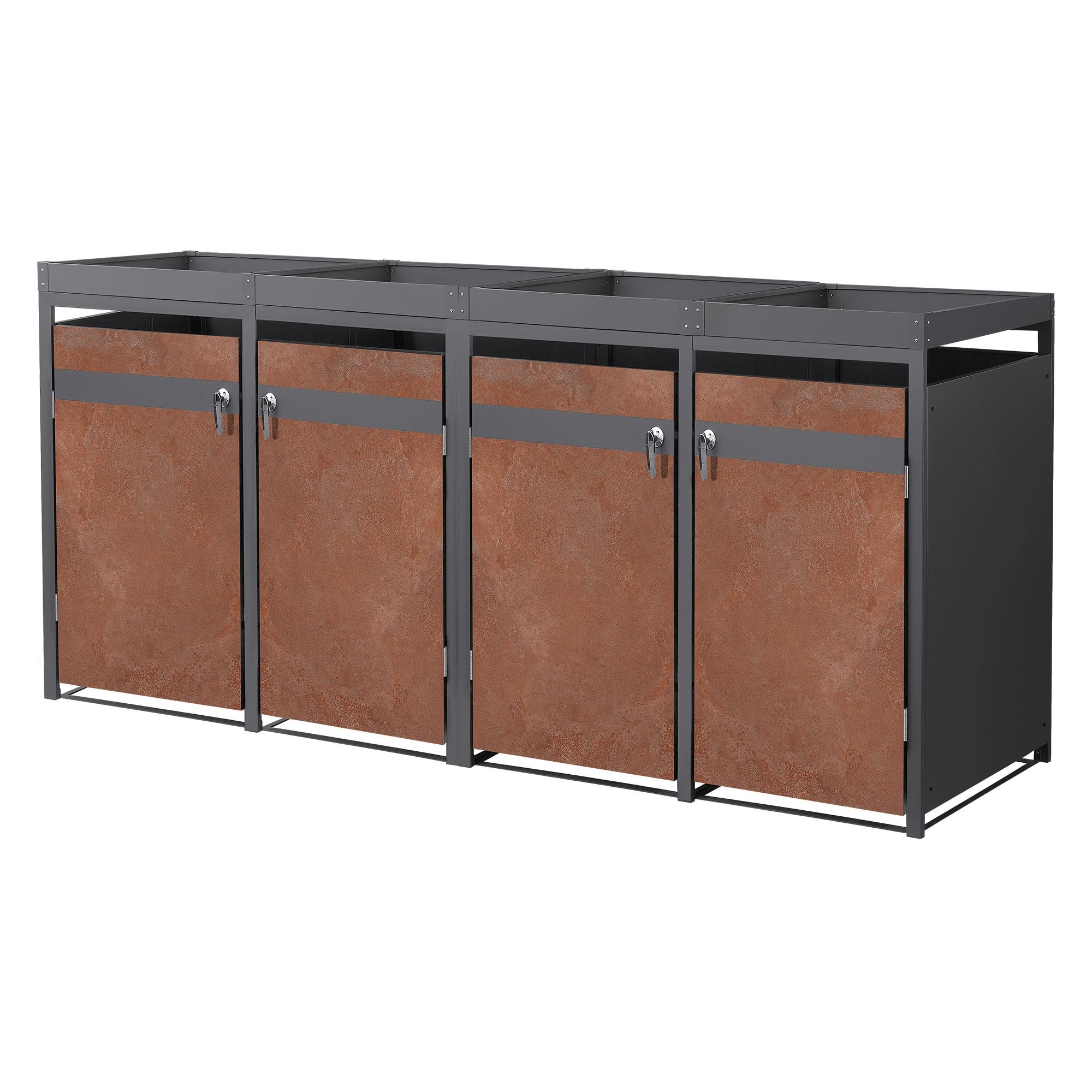 Masca pentru 4 pubele de deseuri ML-Design, de 240L, 264x80x124 cm, magazie pubele, din otel, cu acoperis tip jardiniera, antracit efect ruginit