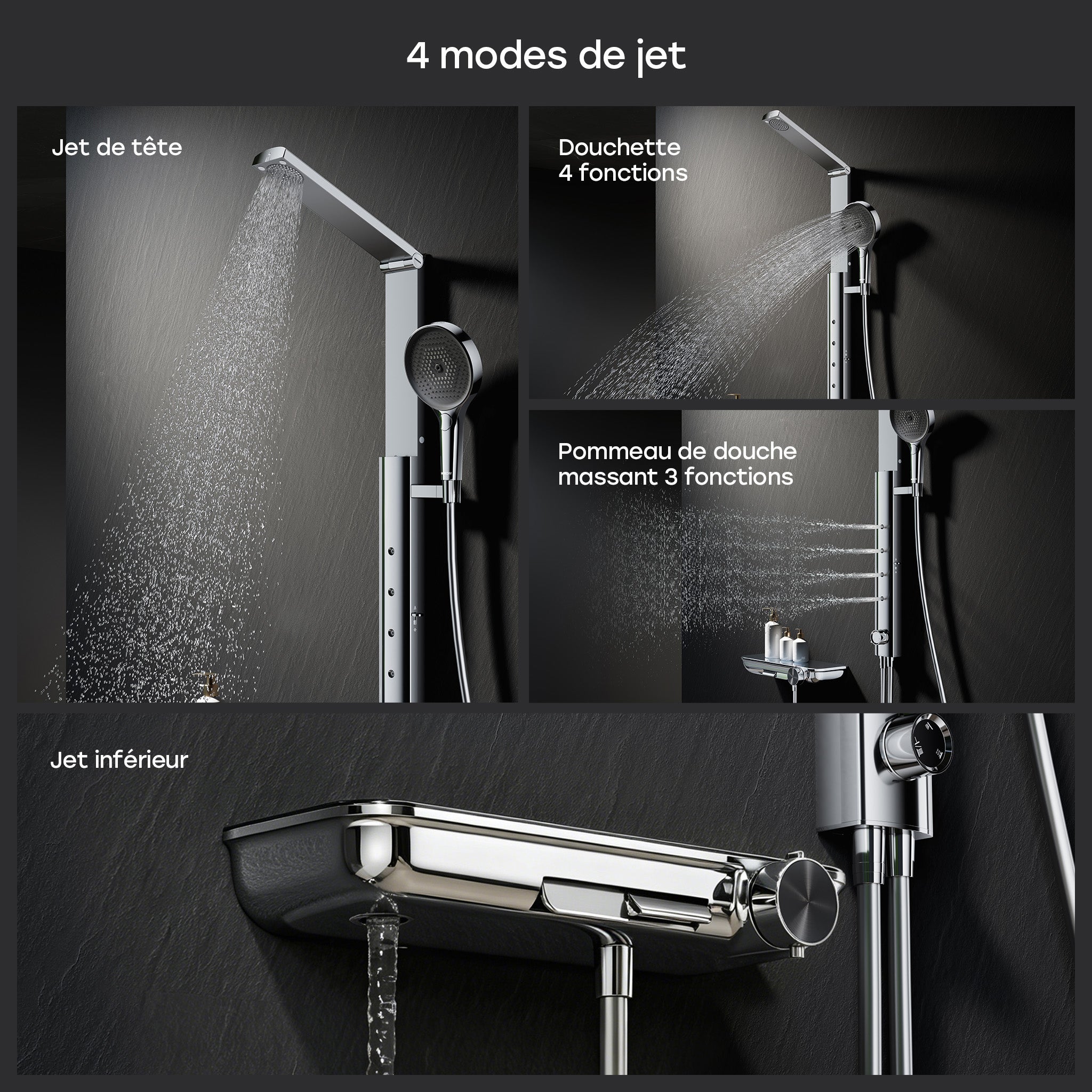 HOROW Système de douche avec thermostat, ensemble panneau de douche avec pommeau de douche pliable 4 fonctions de massage, réglable en hauteur - 3
