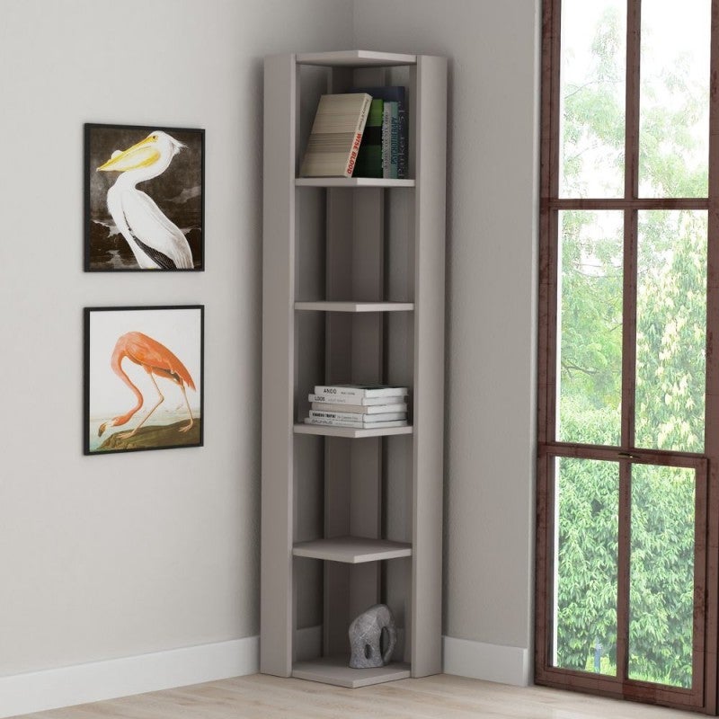 Libreria Angolare Nati, 34x161h Cm, 5 Ripiani, Colore Tortora: Soluzione Salvaspazio In Legno Per Soggiorno E Cucina