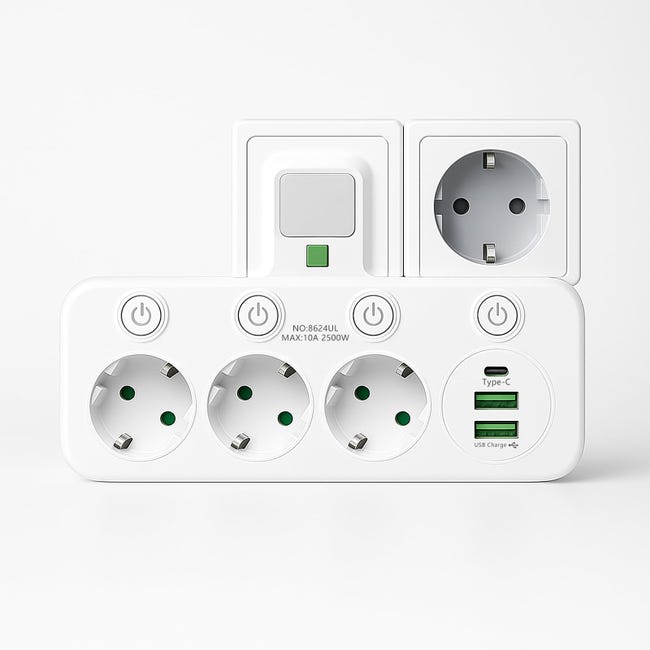 Listwa zasilająca montowana na ścianie, listwa zasilająca z indywidualnymi przełącznikami, listwa zasilająca USB 6 w 1 z 2 portami USB i 1 portem typ