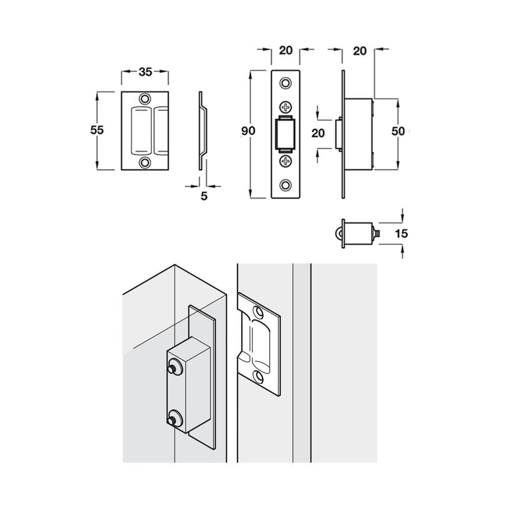 Quatre jeux de serrures dissimulées en acier inoxydable pour portes à enroulement,avec un diamètre de trou de serrure de 20 mm, convenant aux cuisine. - 2