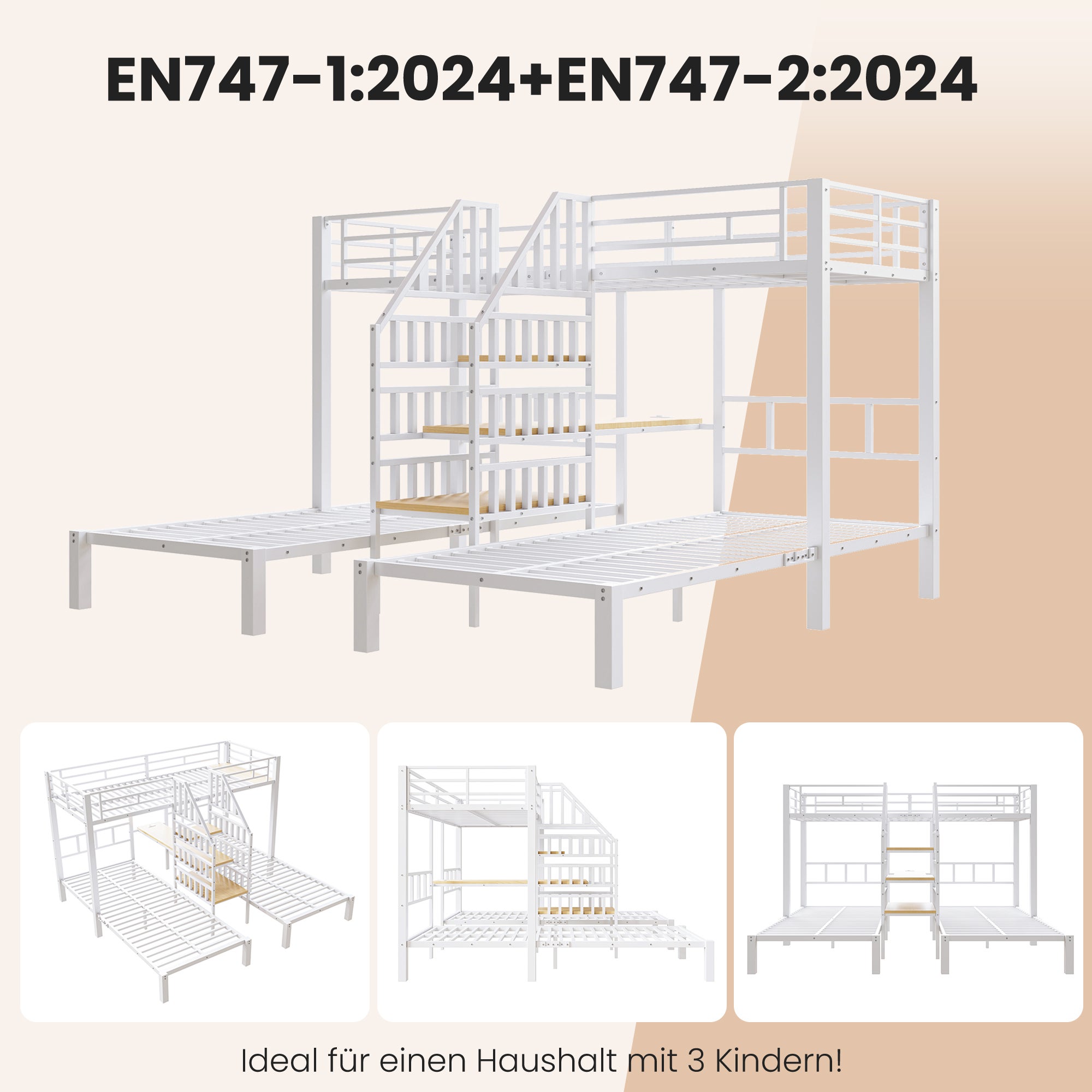 Lit Superposé 3 Places 90x200 cm avec Bureau et Étagères, Lit Triple Métal MDF Blanc, LED USB Prise Intégrées, Échelle Rangement,Sans Matelas - 7