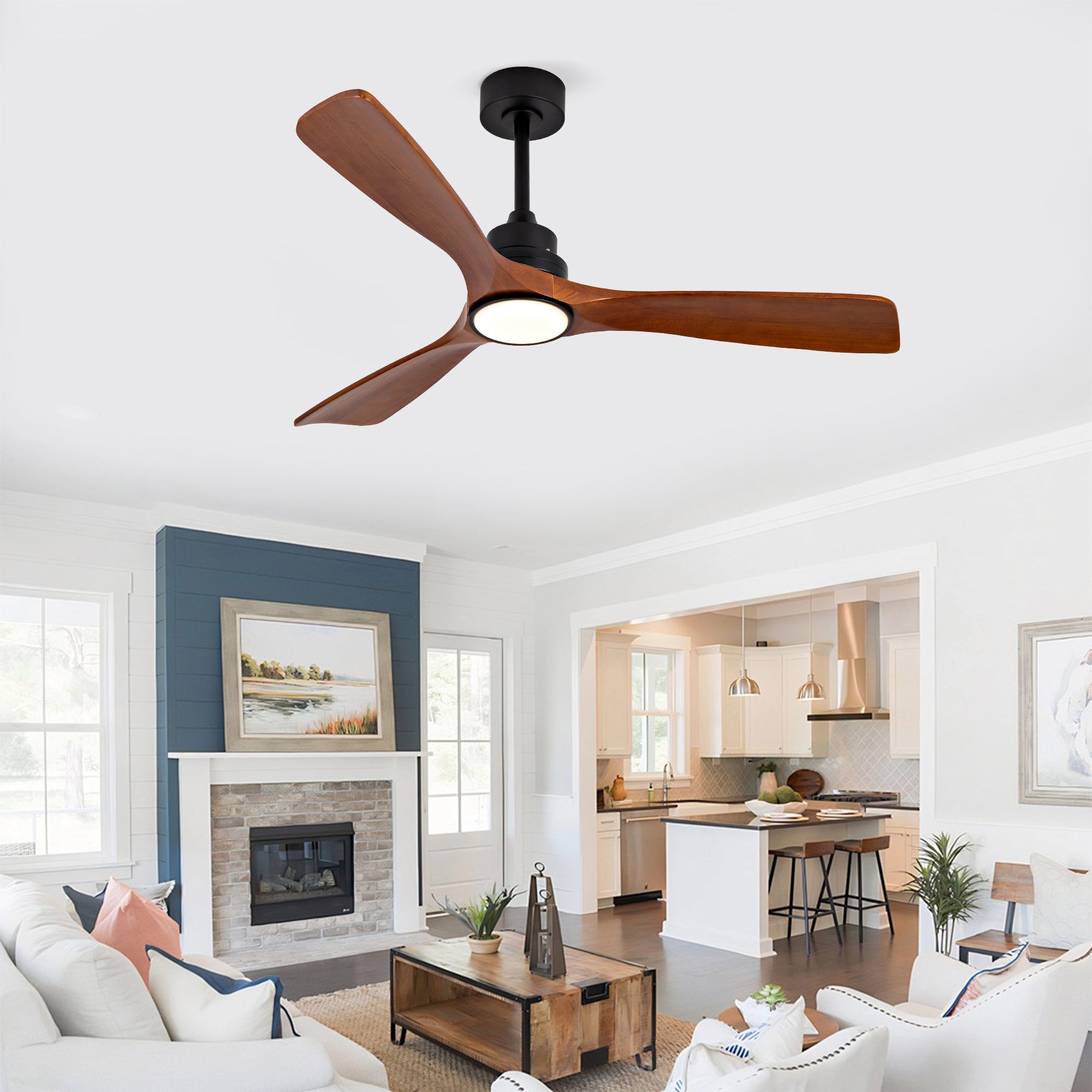 Nuevo ventilador de techo de 132 cm con luz, 3 aspas de madera maciza, doble control inteligente (mando a distancia + interruptor de pared).