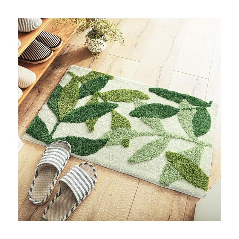 50X80 cm, Zielony liść, bardzo miękka, z mikrofibry, z długim włosiem, antypoślizgowa, chłonna mata łazienkowa, zmywalna, dywanik łazienkowy