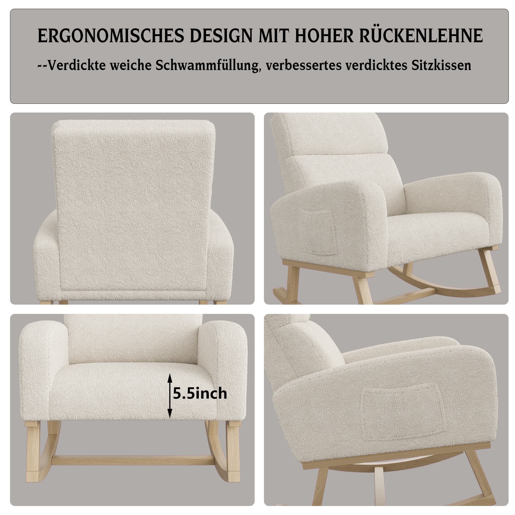 Chaise à bascule bébé/enfant/salon : rembourrée (milieu du siècle), moderne confortable, poches latérales - 5