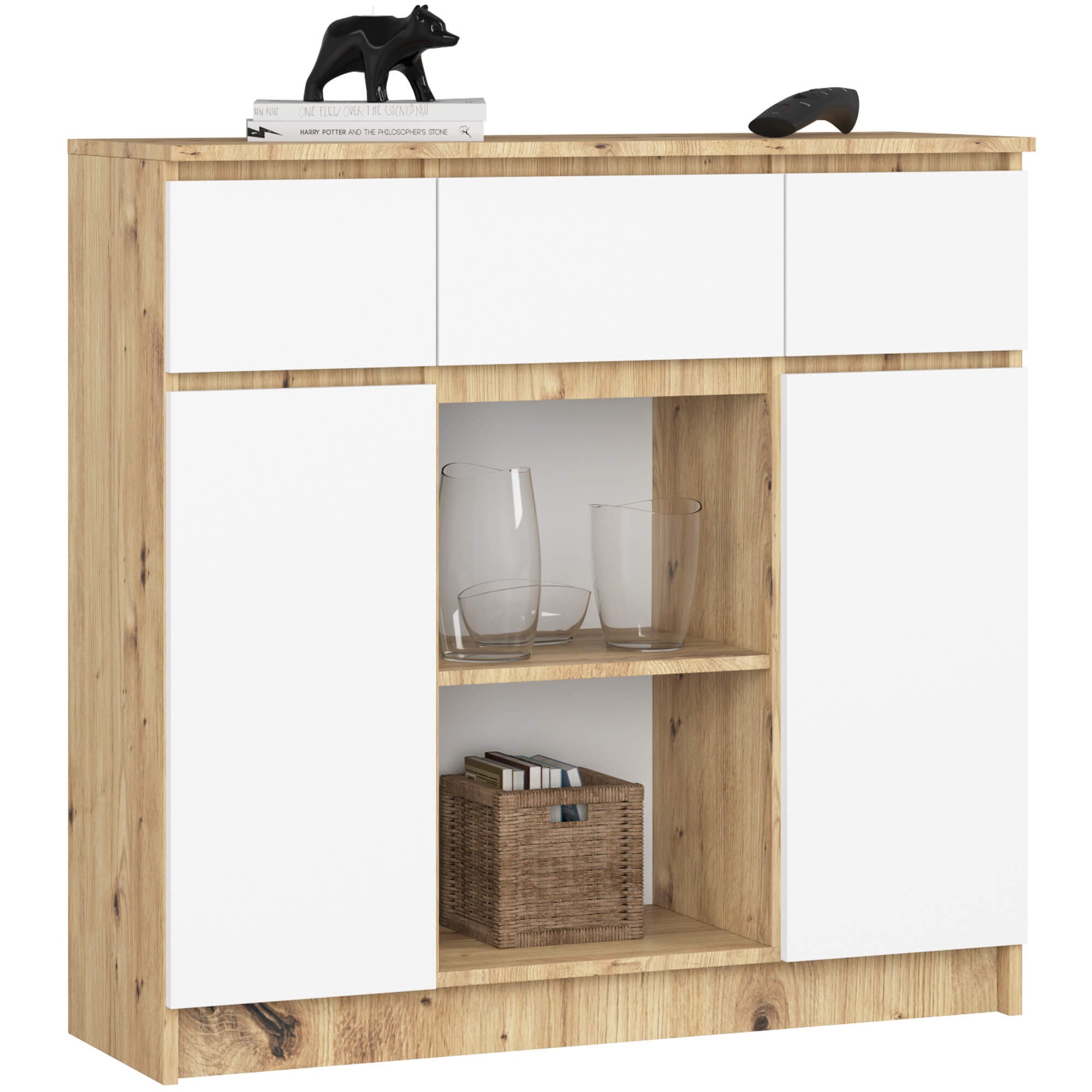 Komoda AKORD K100 kolor Dąb Artisan, Biały mat 101 cm 2 drzwi 3 szuflady 4 półki 101x35x98 cm
