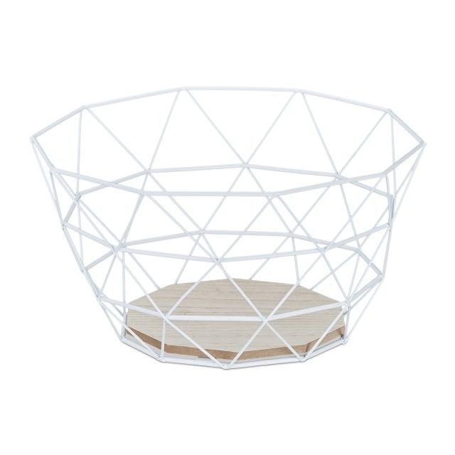 Relaxdays Centrotavola Portafrutta, Cestino Porta Frutta e Verdura da Tavola, Ferro e Legno, Design Industrial, Bianco