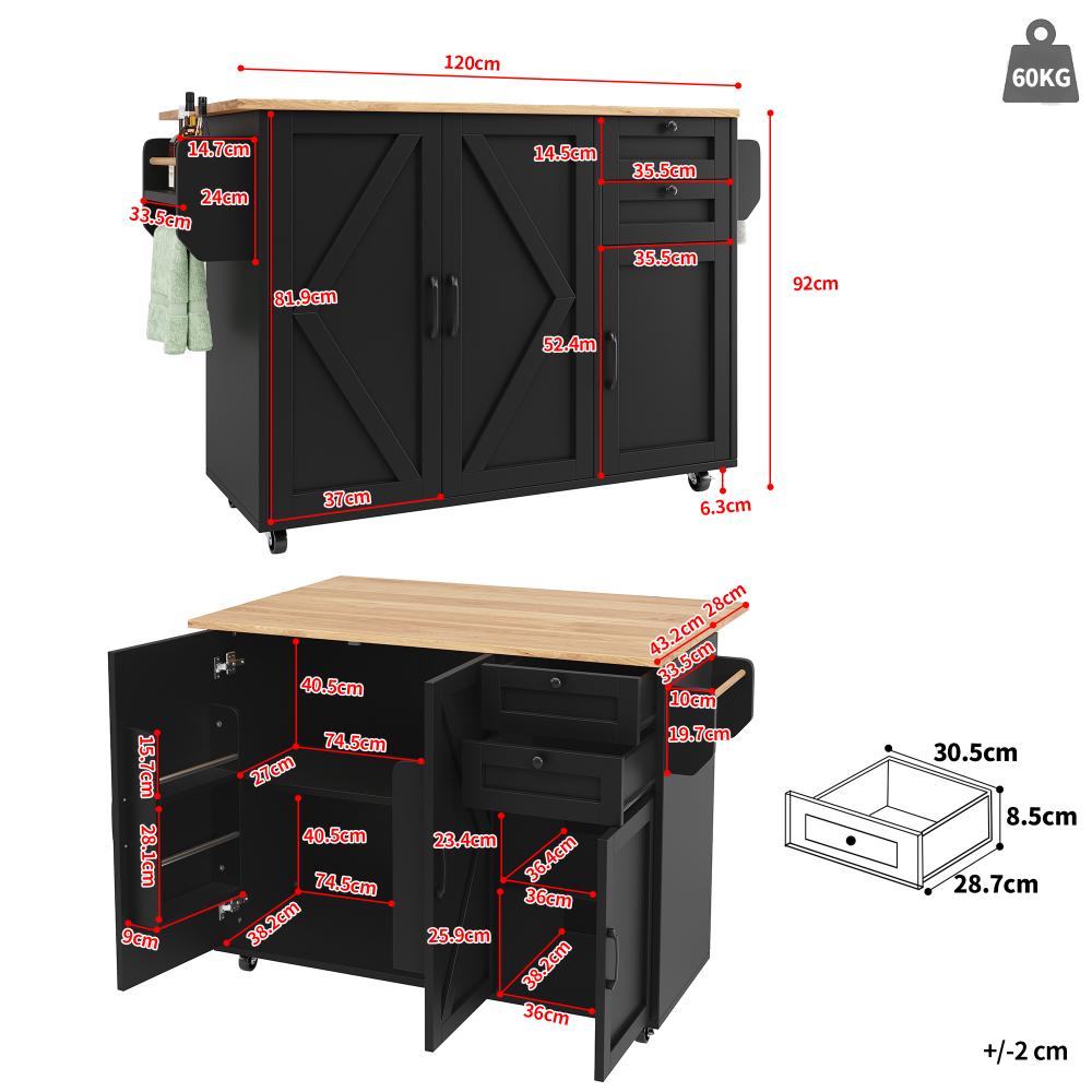 Îlot de cuisine multifonction avec table pliante, rangement spacieux, roulettes et design bois élégant - 120×92×43cm - 6