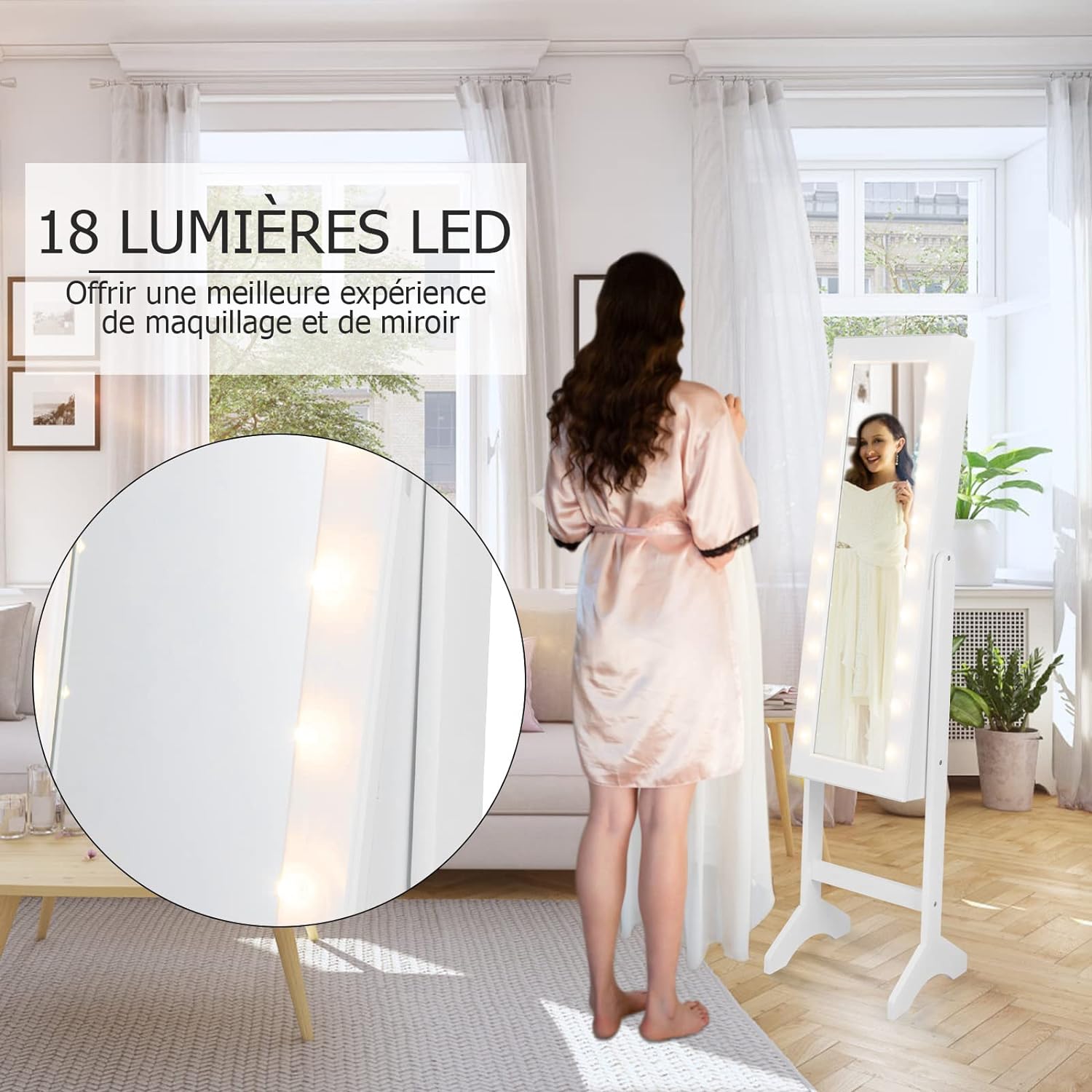 Armoire a Bijoux sur Pied,Rangemen avec Miroir Plein Longueur & Lumieres LED sur le Miroir, Autoportante Verrouillable avec Crochet de Collier(Blanc) - 6