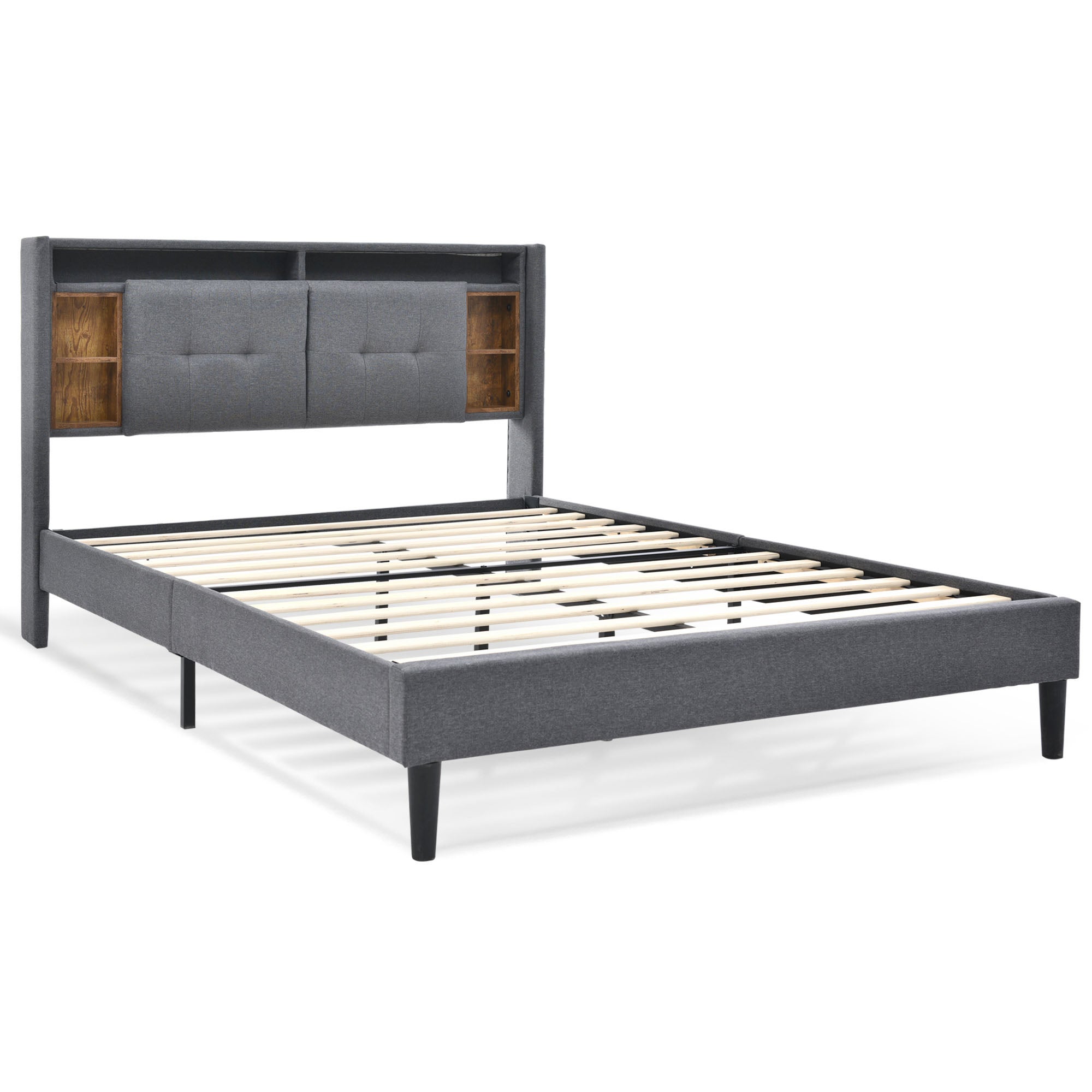 Letto imbottito 160 x 200 cm, testiera con ricarica USB e illuminazione LED, rete a doghe di legno, grigio - 2