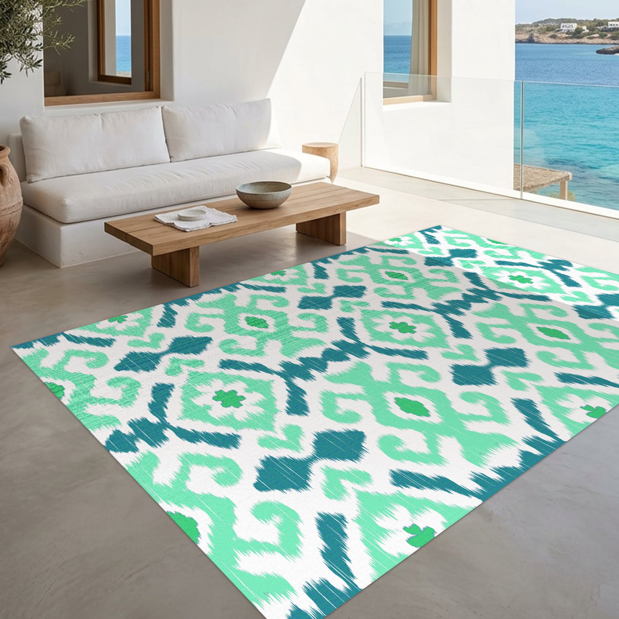 Tapis PVC Intérieur/Extérieur Ikat Bleu turquoise 160x240 cm - Vinyle imprimé antidérapant, lavable et résistant pour terrasse et maison - 2