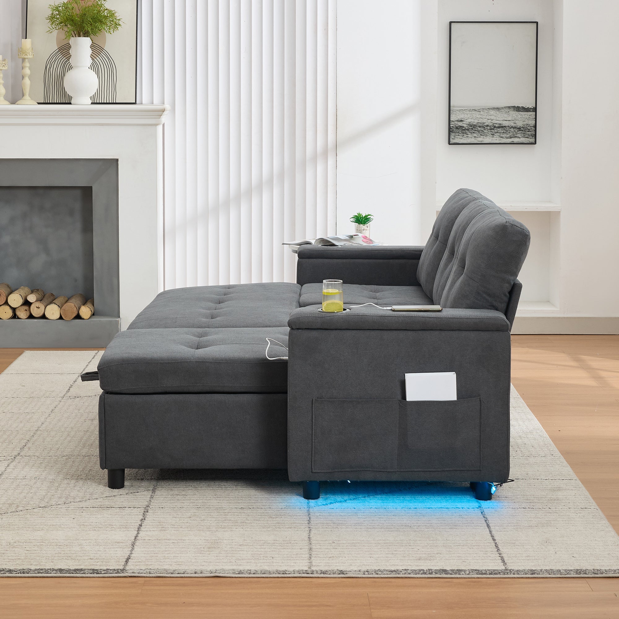Sofa narożna 3-osobowa z funkcją spania - 208 x 146 x 89,5 cm - Diody LED i gniazdo ładowania - Wyściółka z włókniny i pianki - Szara - 7
