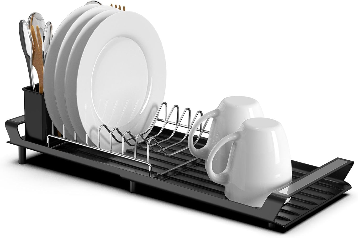 Rozkładana suszarka do naczyń ze stali nierdzewnej z uchwytem na sztućce - czarna, wymiary 27,9 x 20 x 11 cm