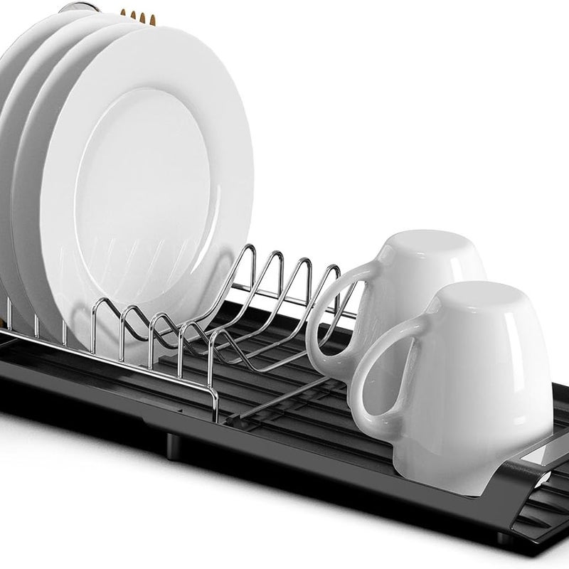 Rozkładana suszarka do naczyń ze stali nierdzewnej z uchwytem na sztućce - czarna, wymiary 27,9 x 20 x 11 cm