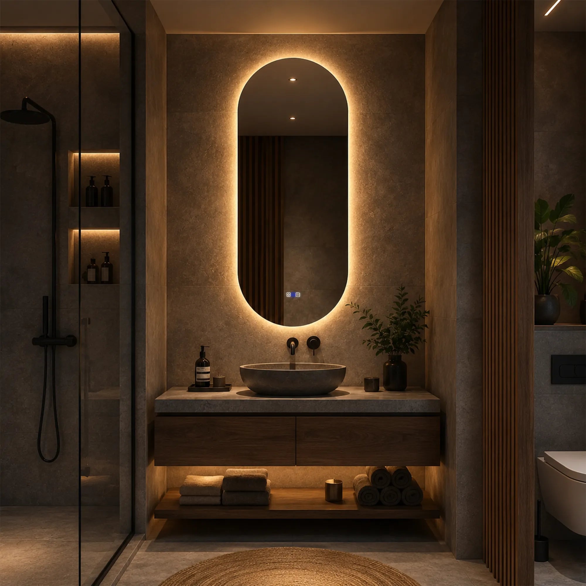 Oglinda LED Ovala 60x110 cm , LED Reglabil 3000K-6000K, Touch, ON/OFF, Dimare, Reglare LED, Functie Dezaburire - Reyze Ambient