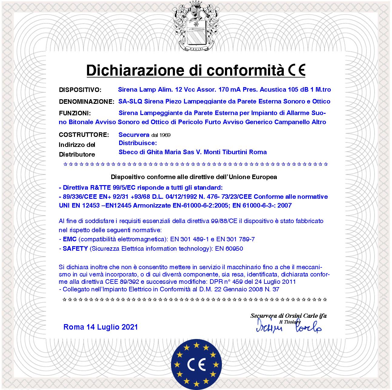 Sirena Allarme Lampeggiante con Diffusore Piezoelettrico Da Parete Melodia Bitono A/B Da 1500 a 4000 Hz 105 dB Alimentazione 12 Vcc Assorbimento 170 m - 3