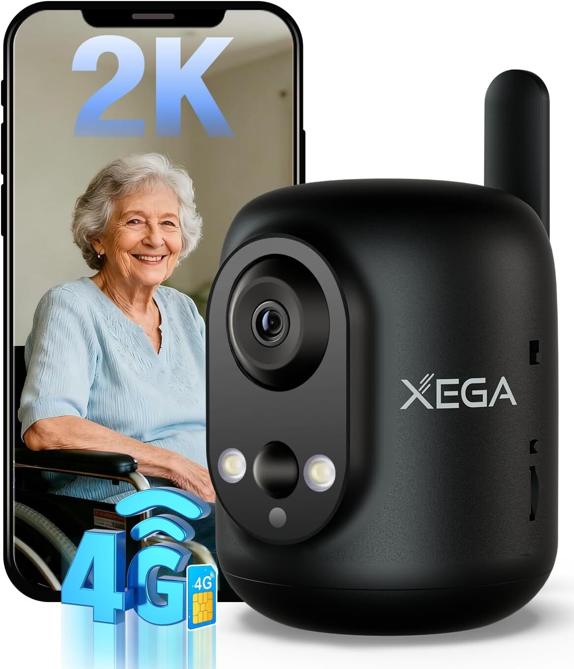Xega Kamera do monitoringu 3G/4G LTE solarna z kartą SIM, 2K HD PTZ, widzenie nocne, wykrywanie ruchu, powiadomienia