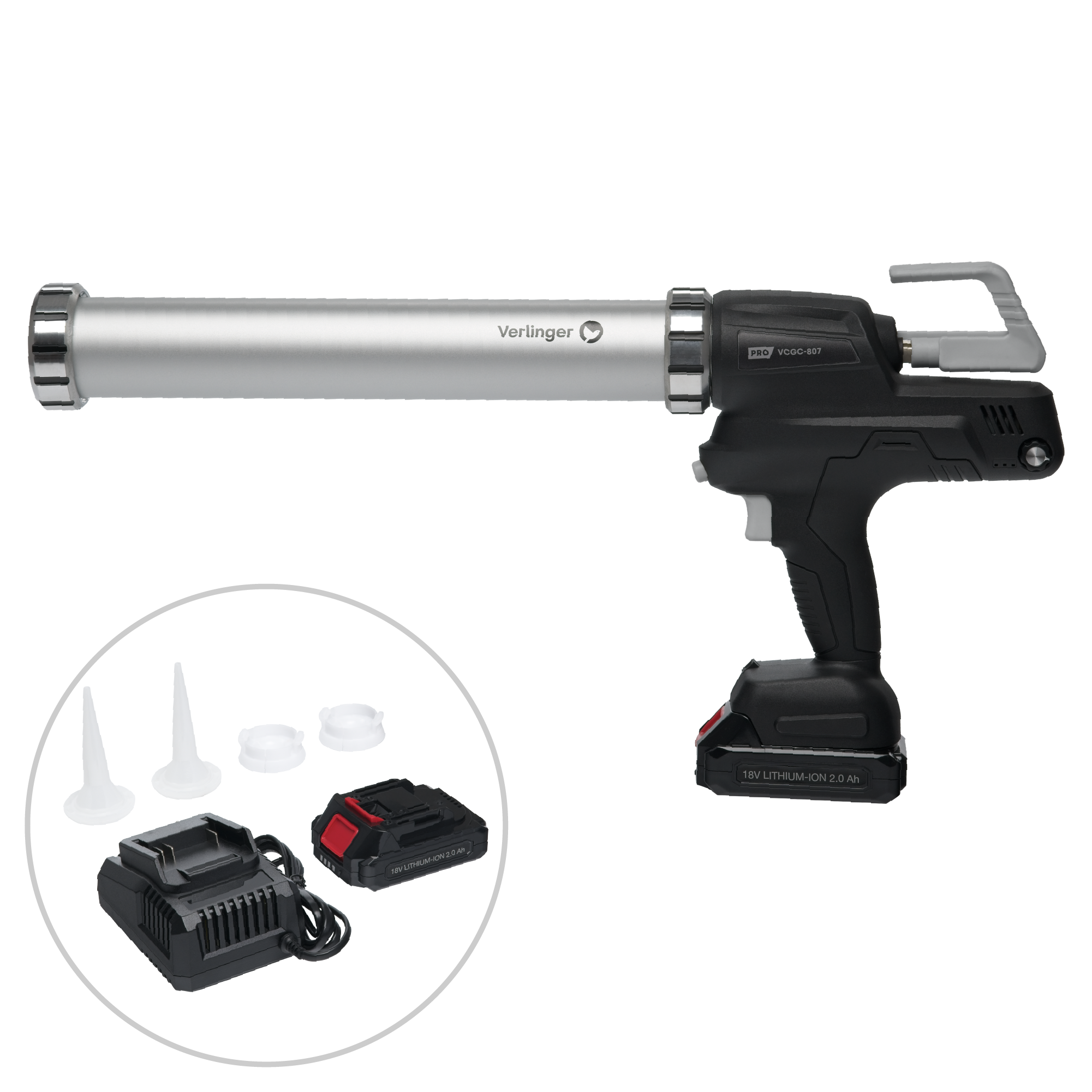 Pistolet akumulatorowy do silikonu, kleju i akrylu Verlinger VCGC-807, bezprzewodowy wyciskacz elektryczny 6500 N 9,6 mm/s, 1 zestaw