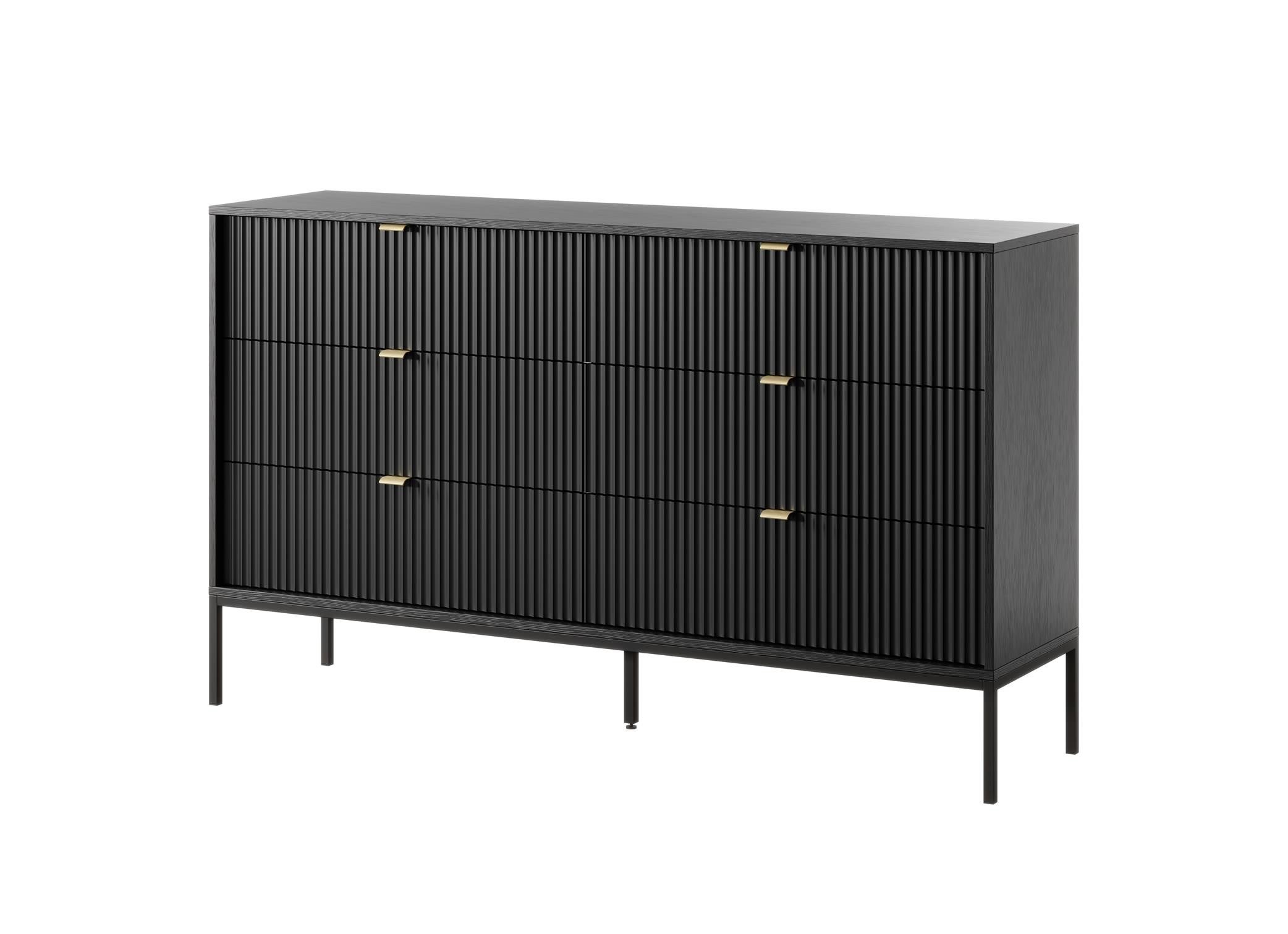 Komoda Nova 154 cm czarna na czarnym stelażu – minimalistyczny design, 6 pojemnych szuflad