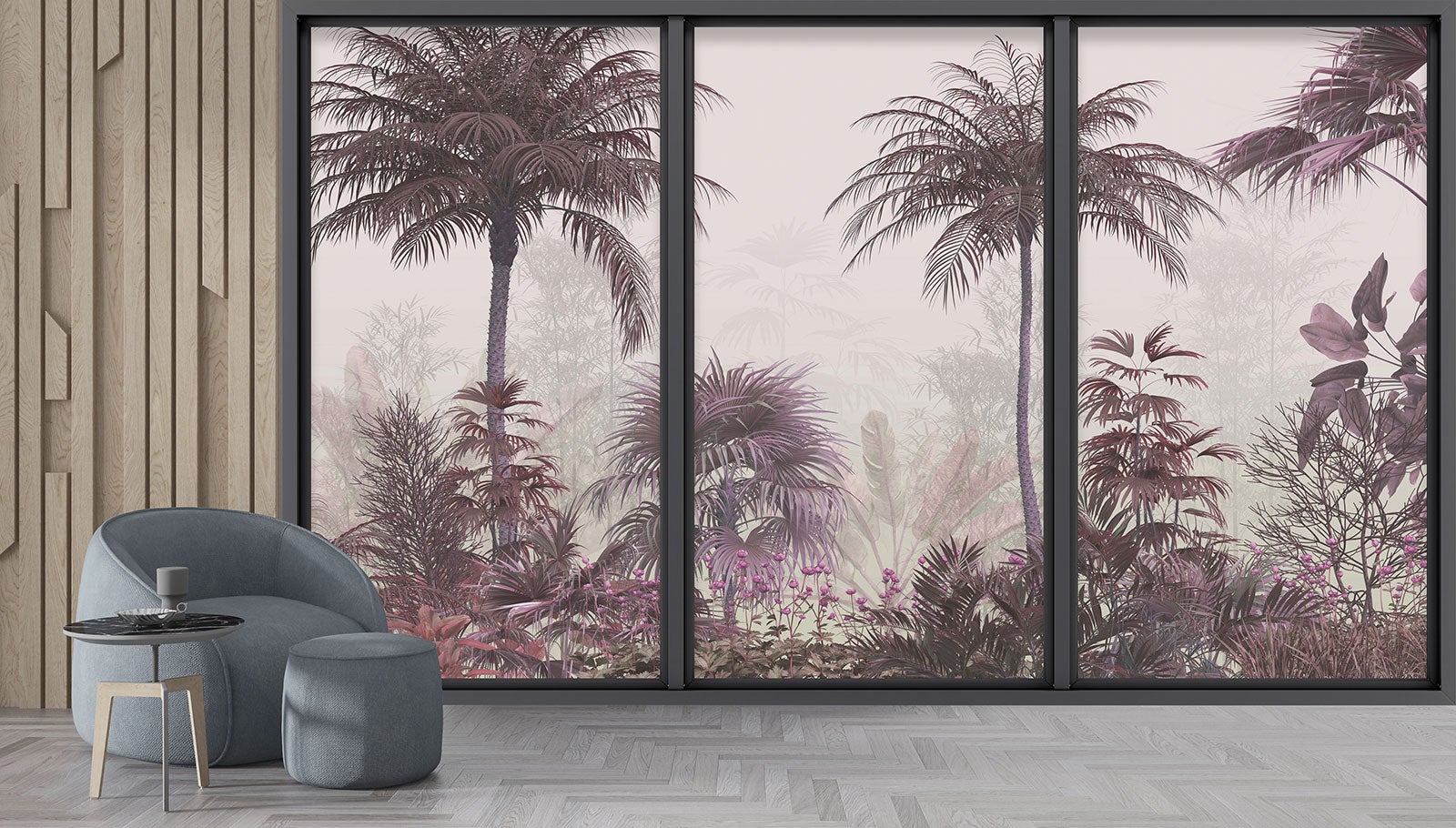 Papier peint panoramique intissé décoratif Trompe l'oeil baie vitrée - Forêt tropicale - L417 cm x H250 cm - 4