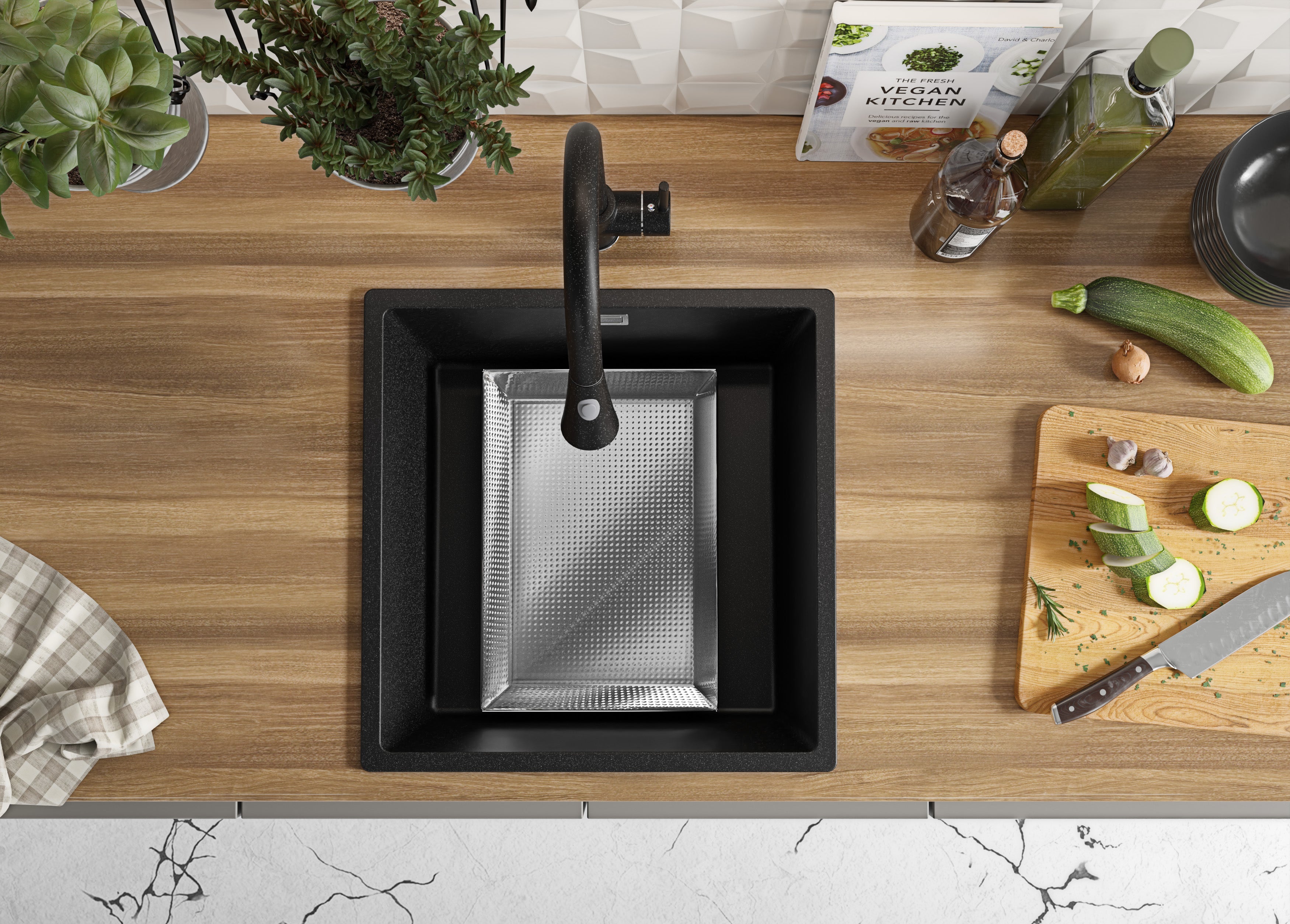 Evier Cuisine en Granit Graphite 46x47cm, Lavabo 1 bac + Kit de Vidage, Évier à Encastrer au meuble 50cm - London Slim PRIMAGRAN - 4