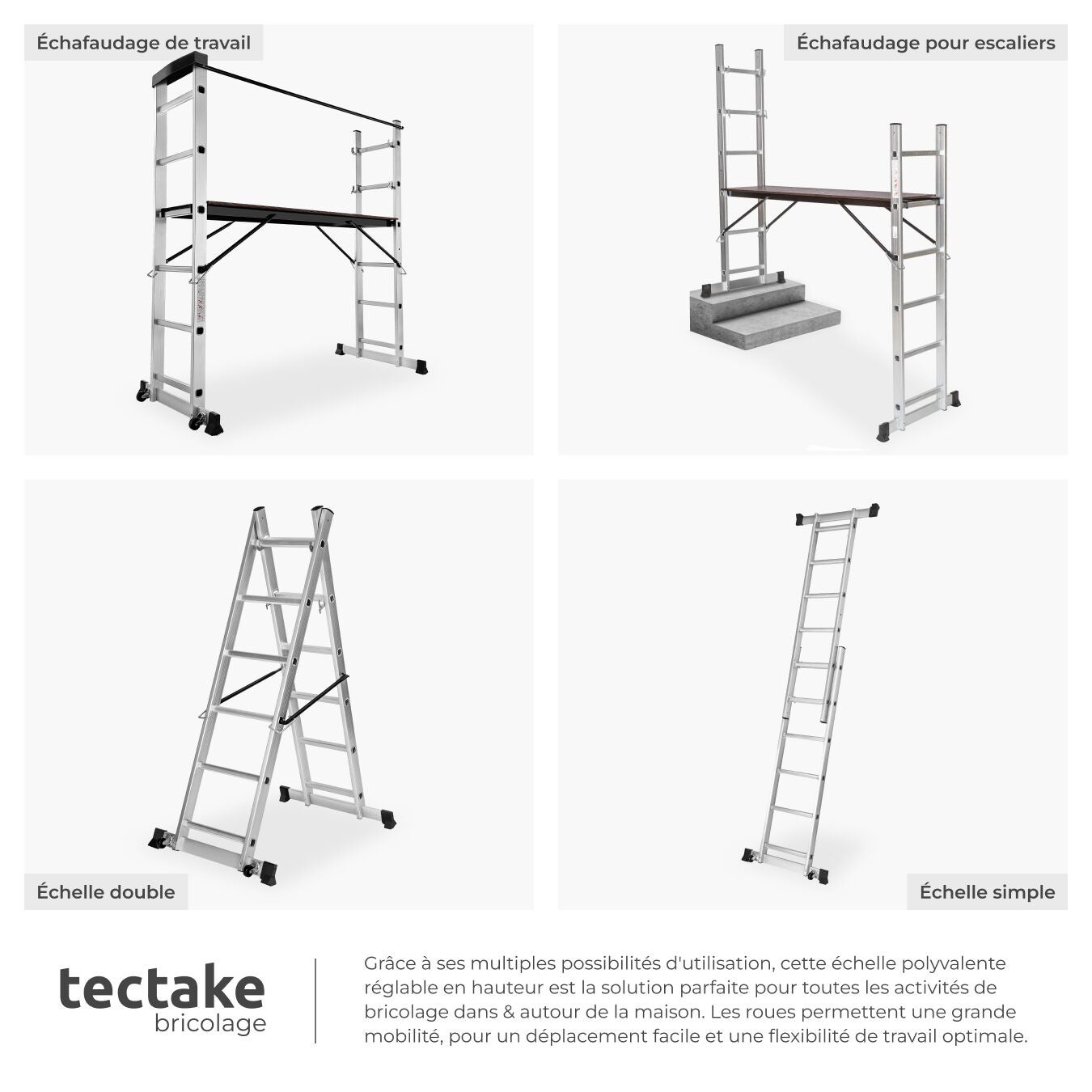 Échafaudage multifonctionnel en aluminium grande surface de travail facile à déplacer 160 x 70 x 109 cm argent TECTAKE - 7