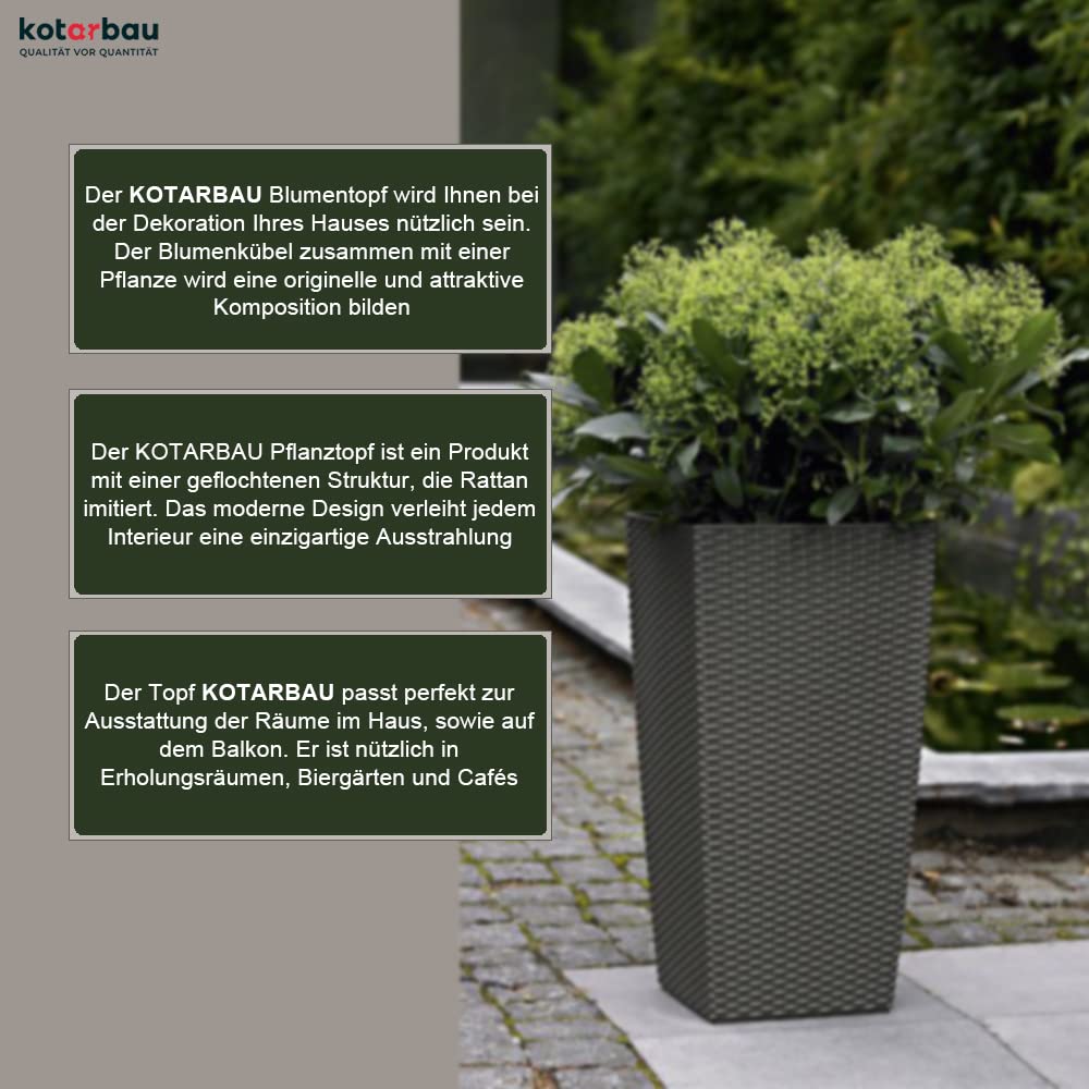 Pot de Fleurs Carré 170 x 170 x 324 mm - Design Rotin - Avec Pot Intérieur Anthracite - KOTARBAU - 4