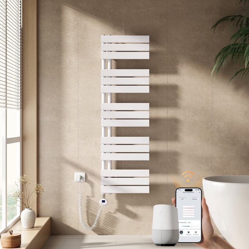 EMKE Grzejnik elektryczny łazienkowy 132x40cm - Inteligentne Sterowanie z Programatorem Tygodniowym w Aplikacji - 600W - Biały