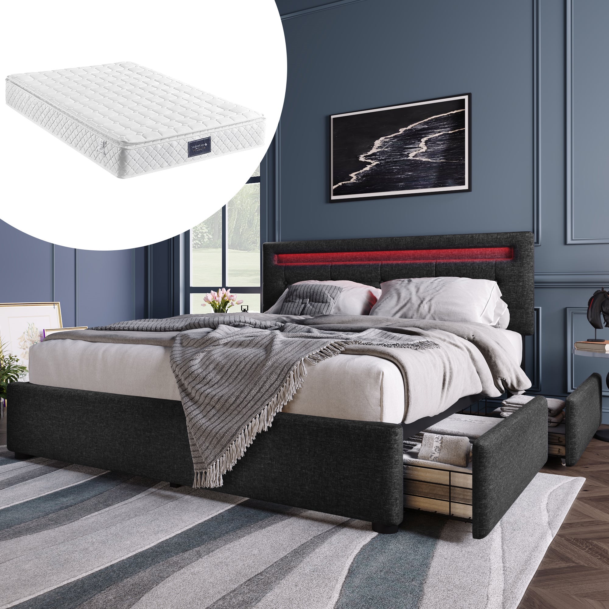 Letto Matrimoniale | Letto Per Adulti | Letto A Molle Con Materasso E Led Crema 120x190 Cm In Tessuto Cfw927416 91670106